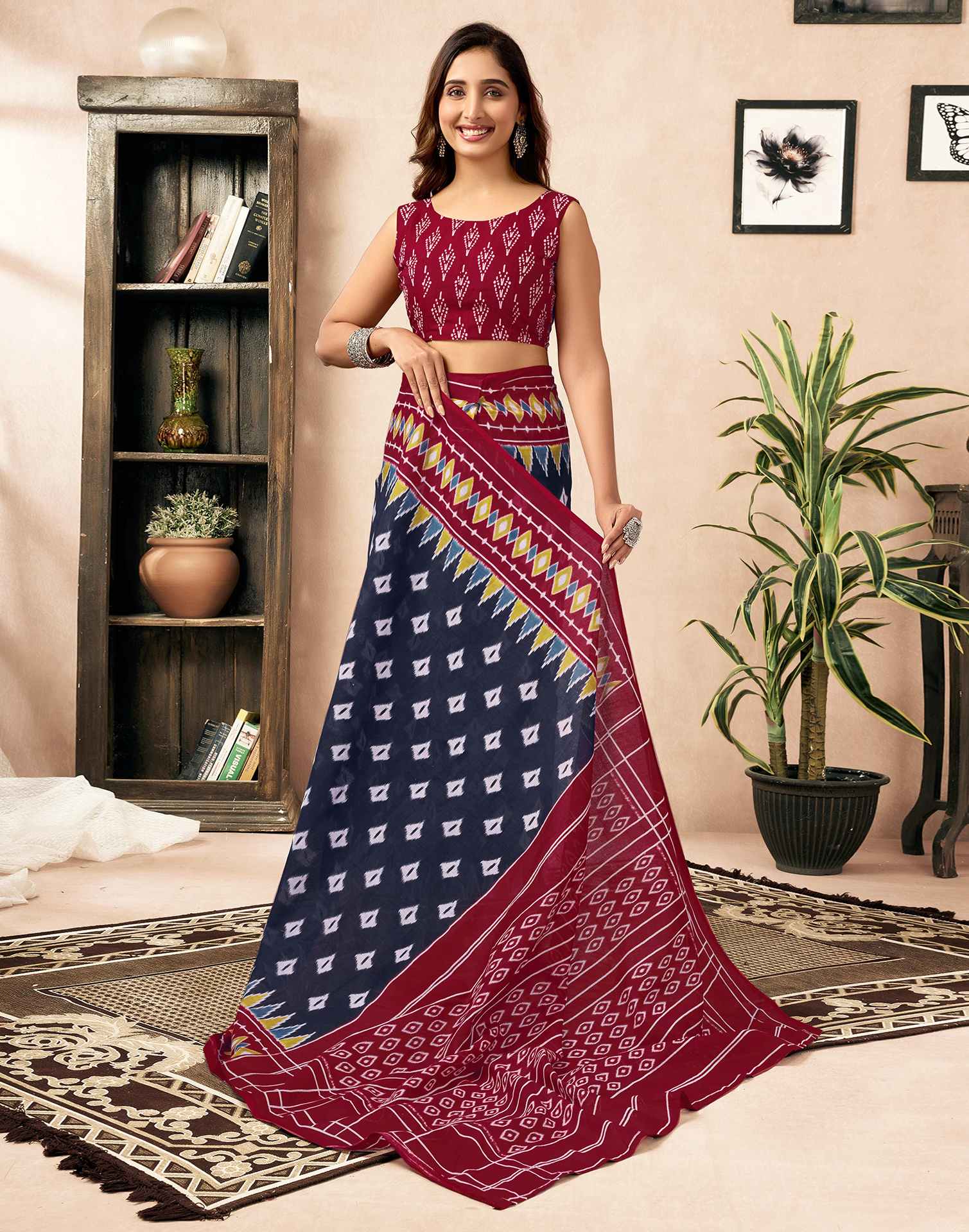 Ready To Wear Navy Blue Cotton Printed Saree - Image 8