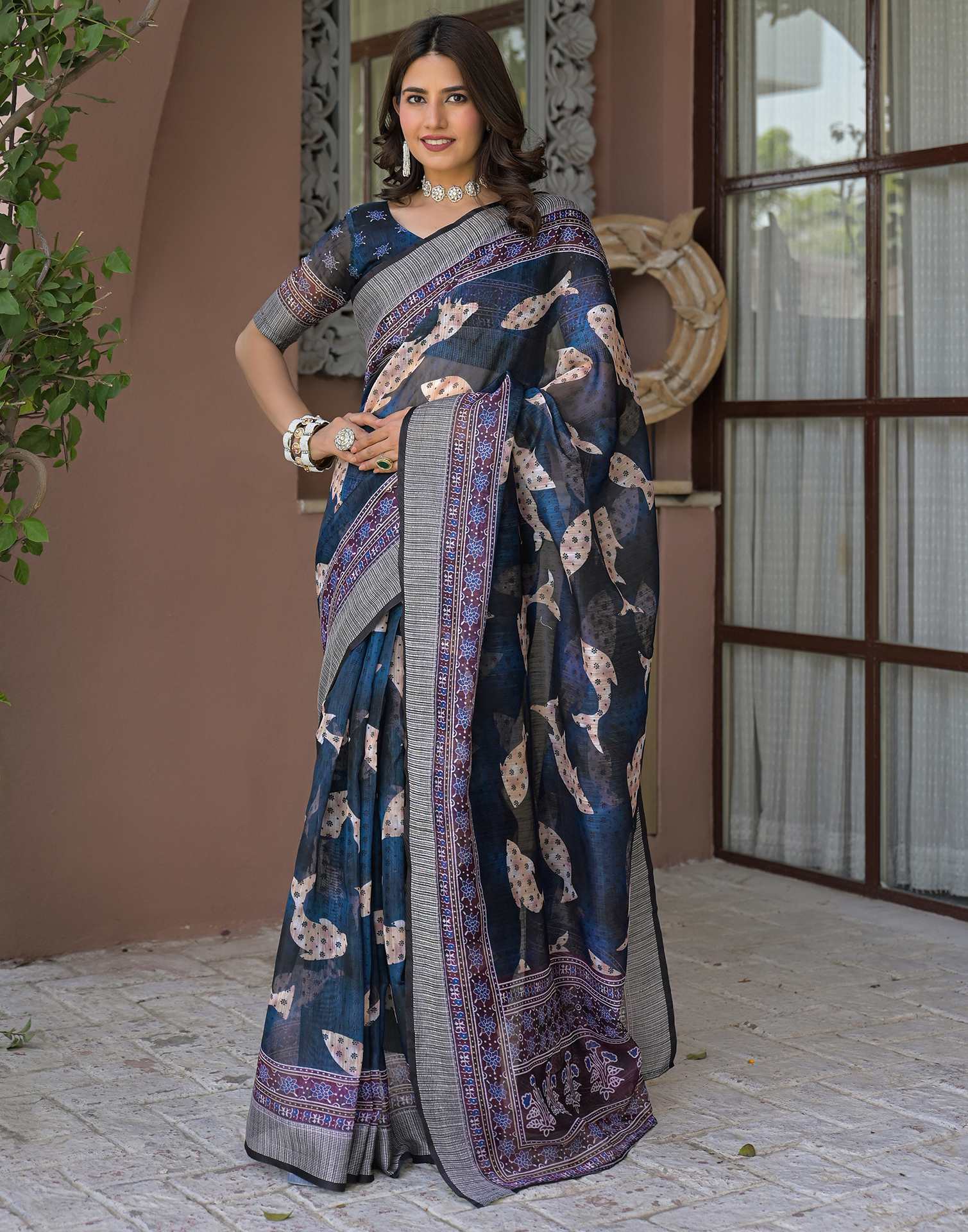 Ready To Wear Navy Blue Linen Printed Embroidery Border Saree - Image 5