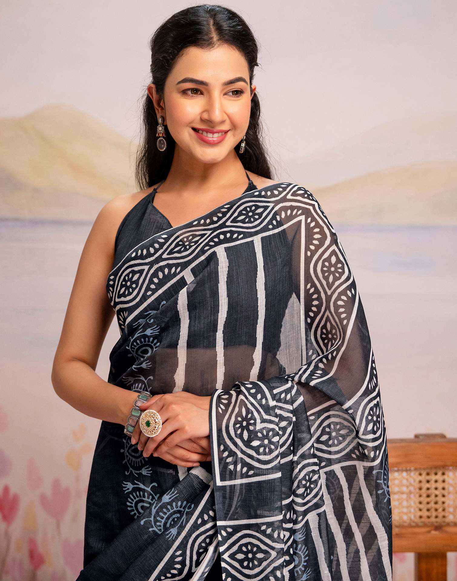 Ready To Wear Navy Blue Linen Printed Saree - Image 10