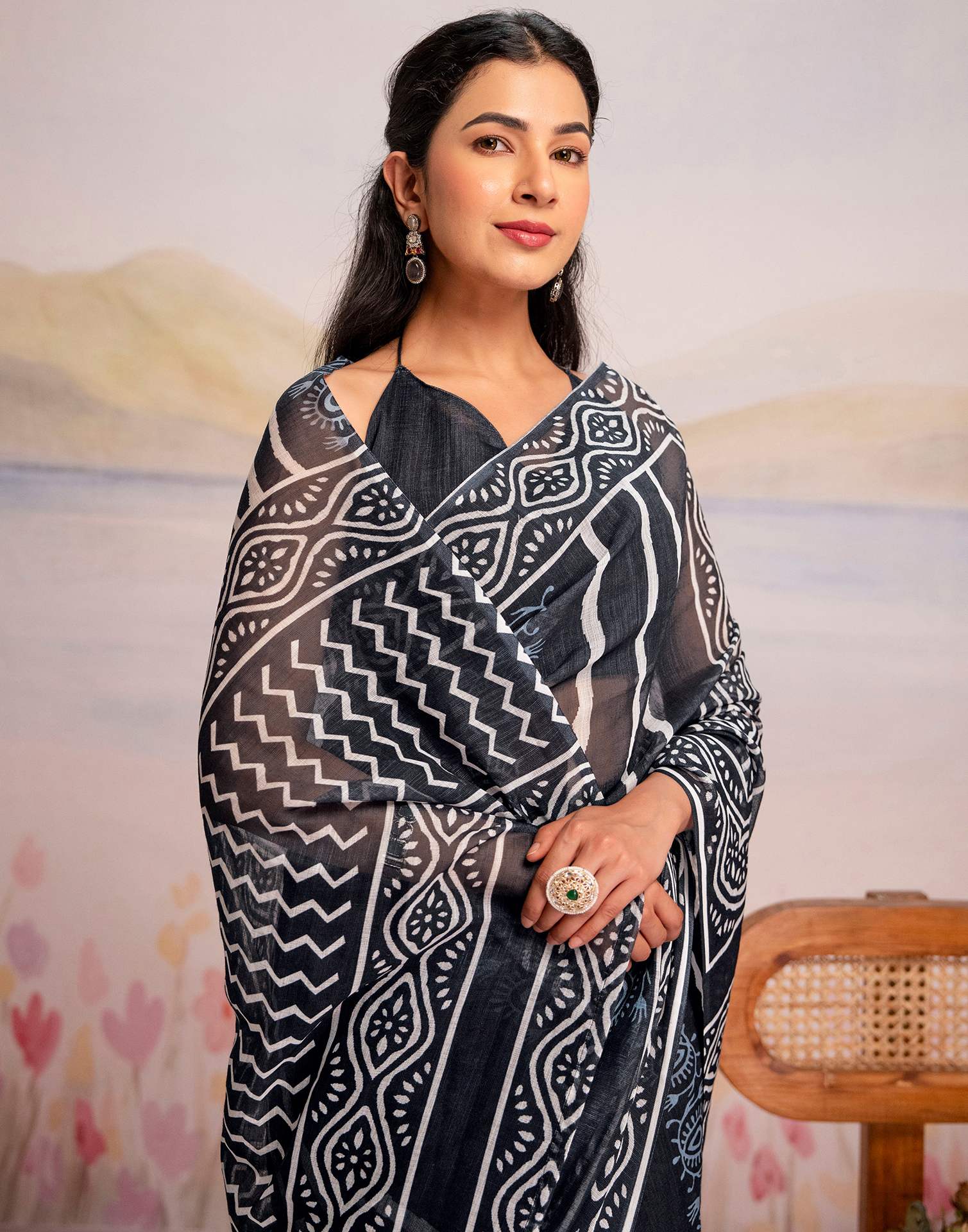 Ready To Wear Navy Blue Linen Printed Saree - Image 11