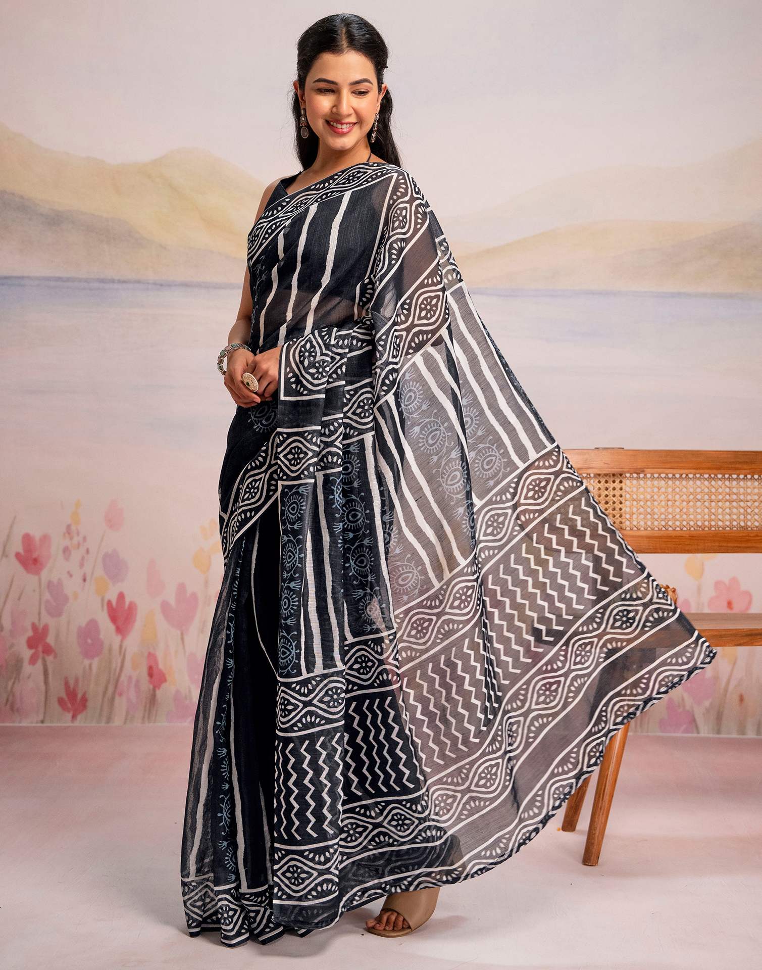 Ready To Wear Navy Blue Linen Printed Saree - Image 5
