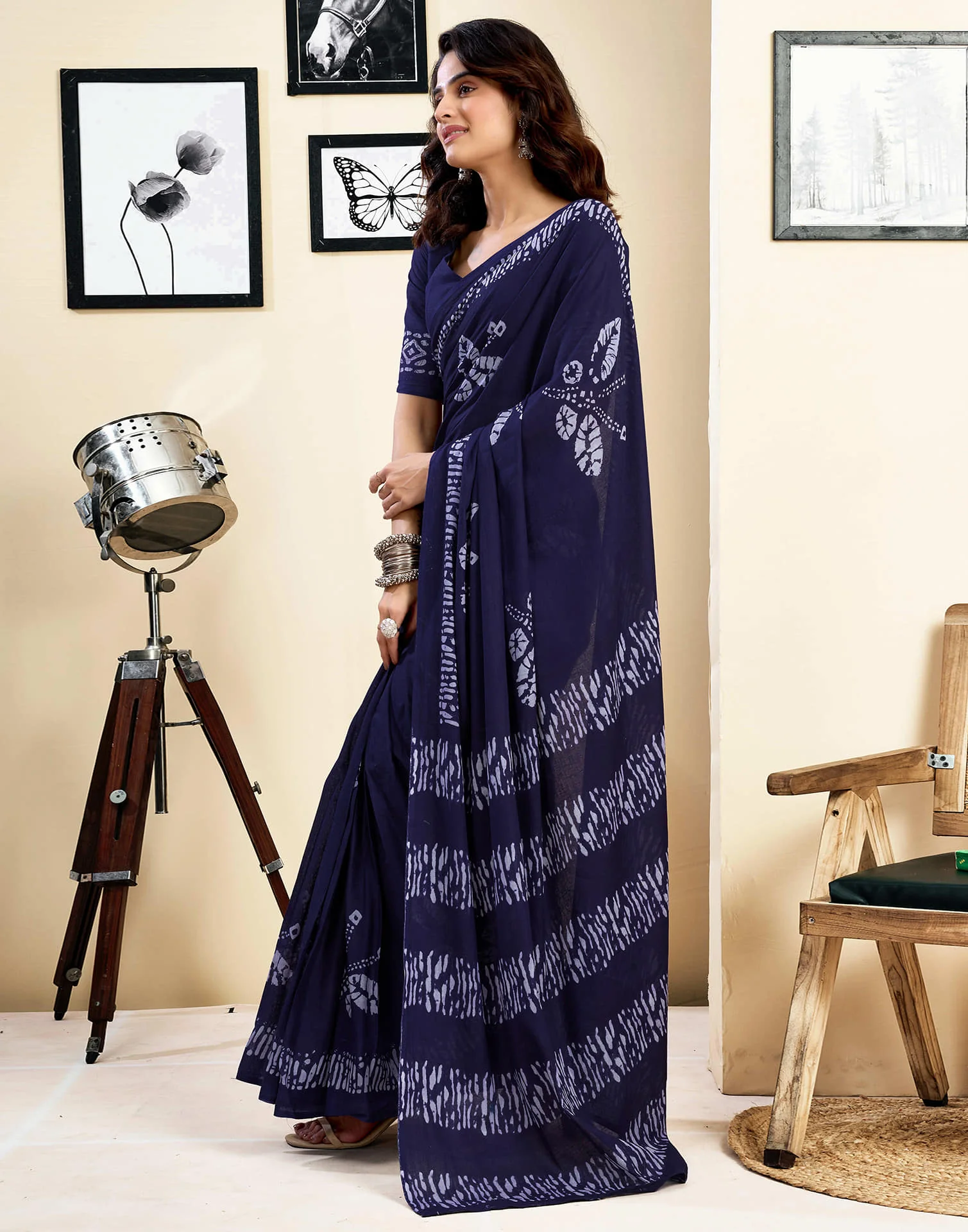 Ready To Wear Navy Blue Pure Cotton Printed Saree With Pocket - Image 6