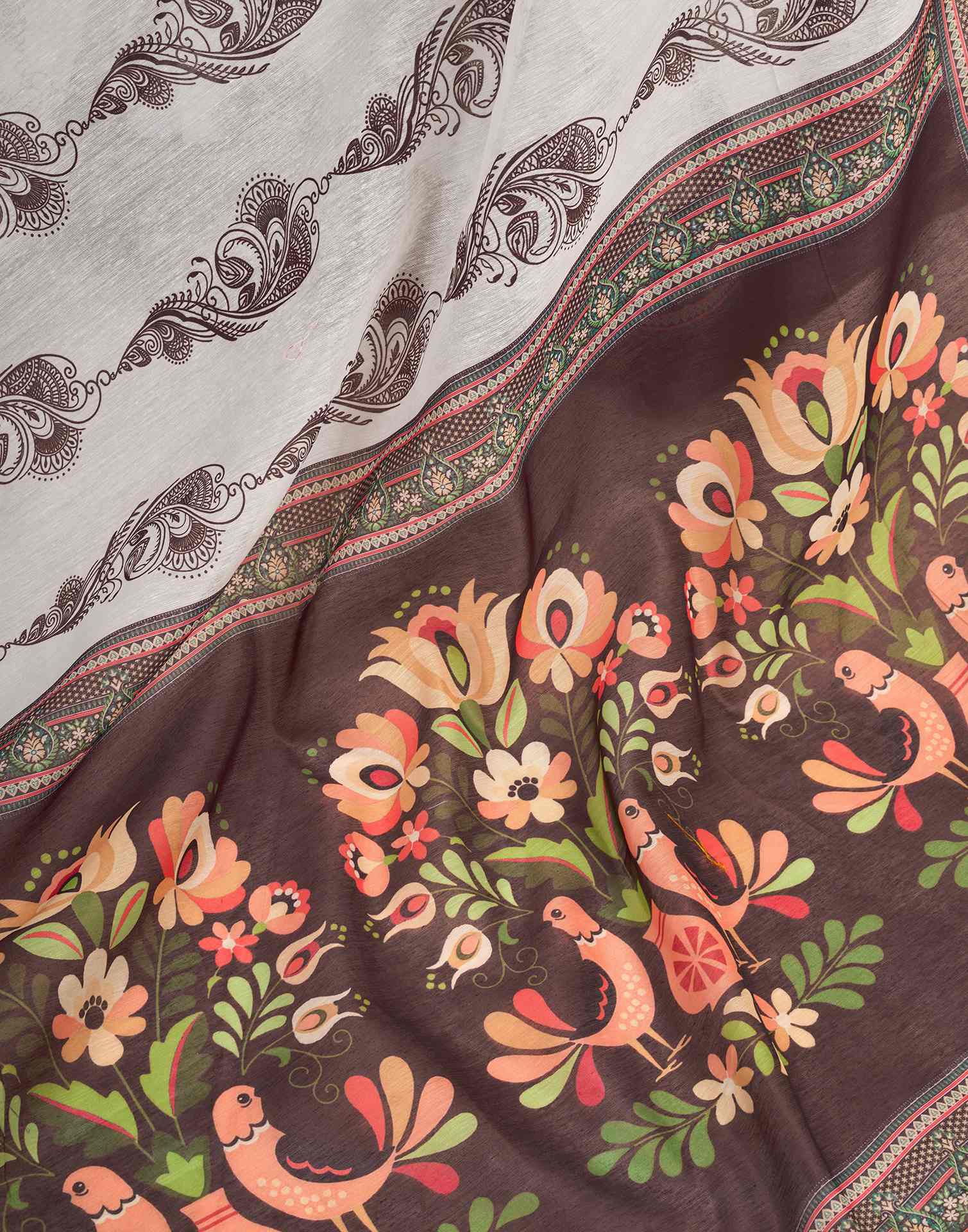 Ready To Wear Off White Chanderi Cotton Printed Saree - Image 10