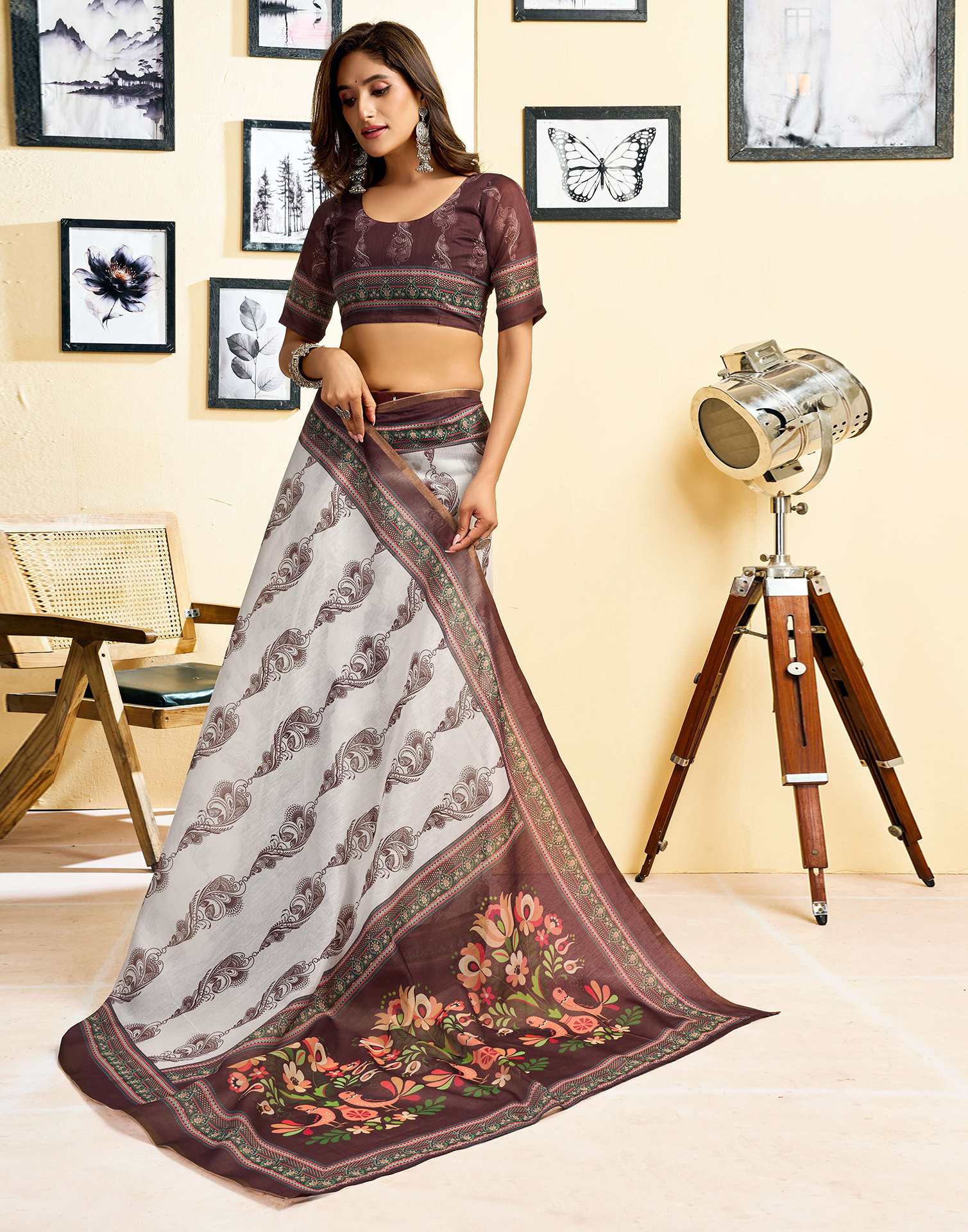 Ready To Wear Off White Chanderi Cotton Printed Saree - Image 2
