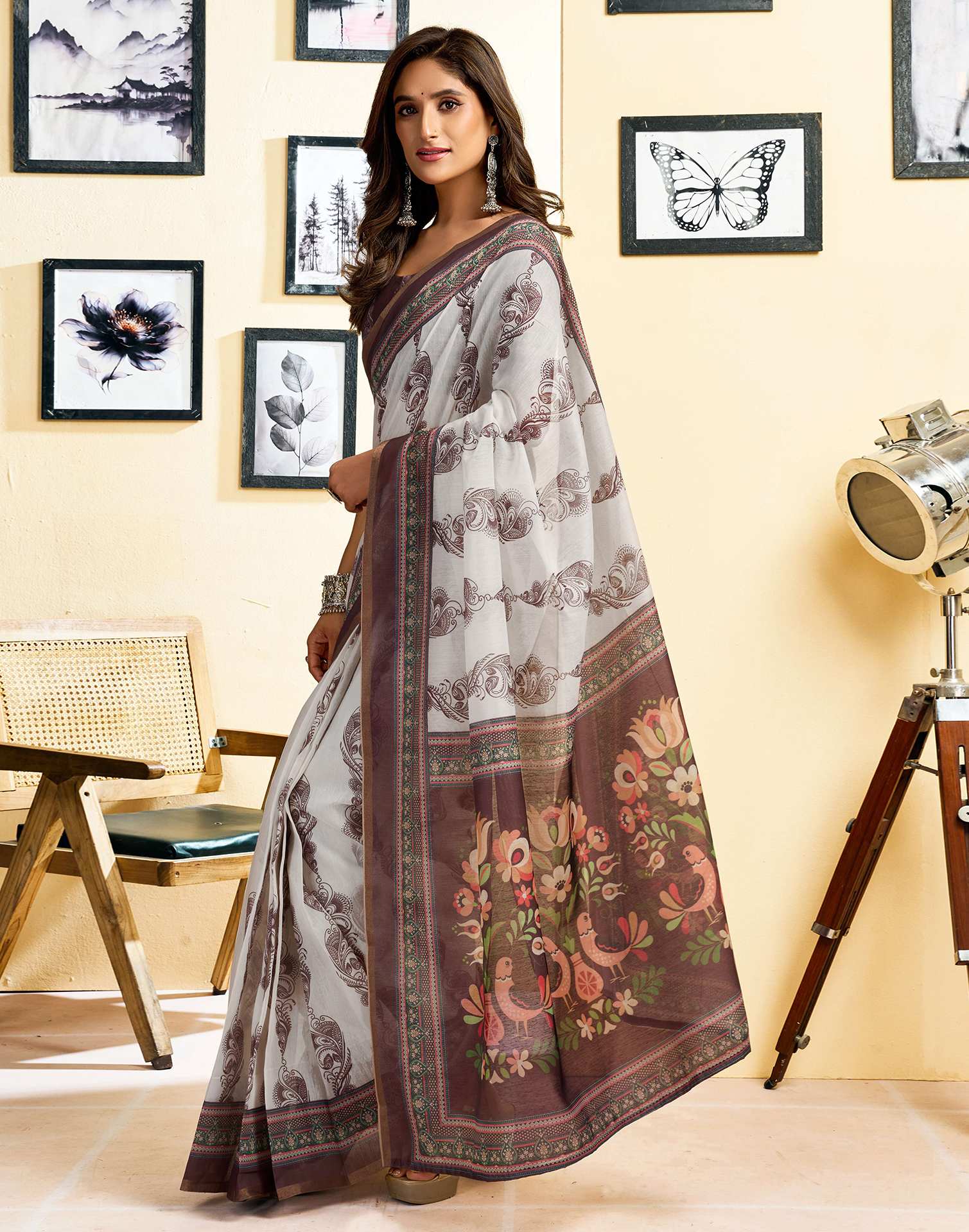 Ready To Wear Off White Chanderi Cotton Printed Saree - Image 6