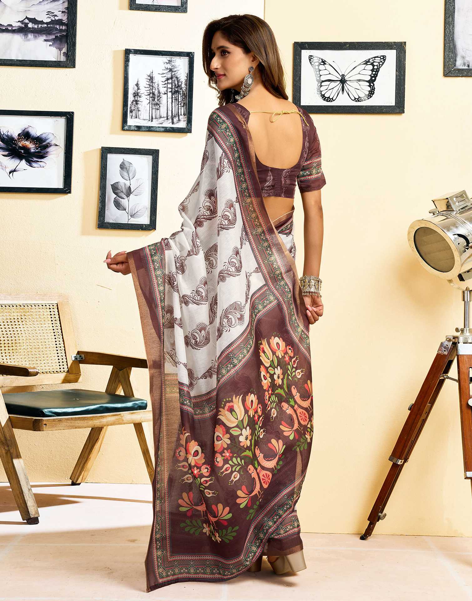 Ready To Wear Off White Chanderi Cotton Printed Saree - Image 8