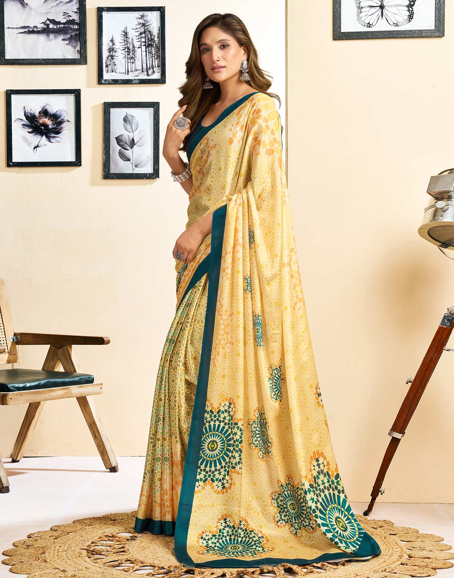 Ready To Wear Light Yellow Chinnon Printed Saree - Image 5