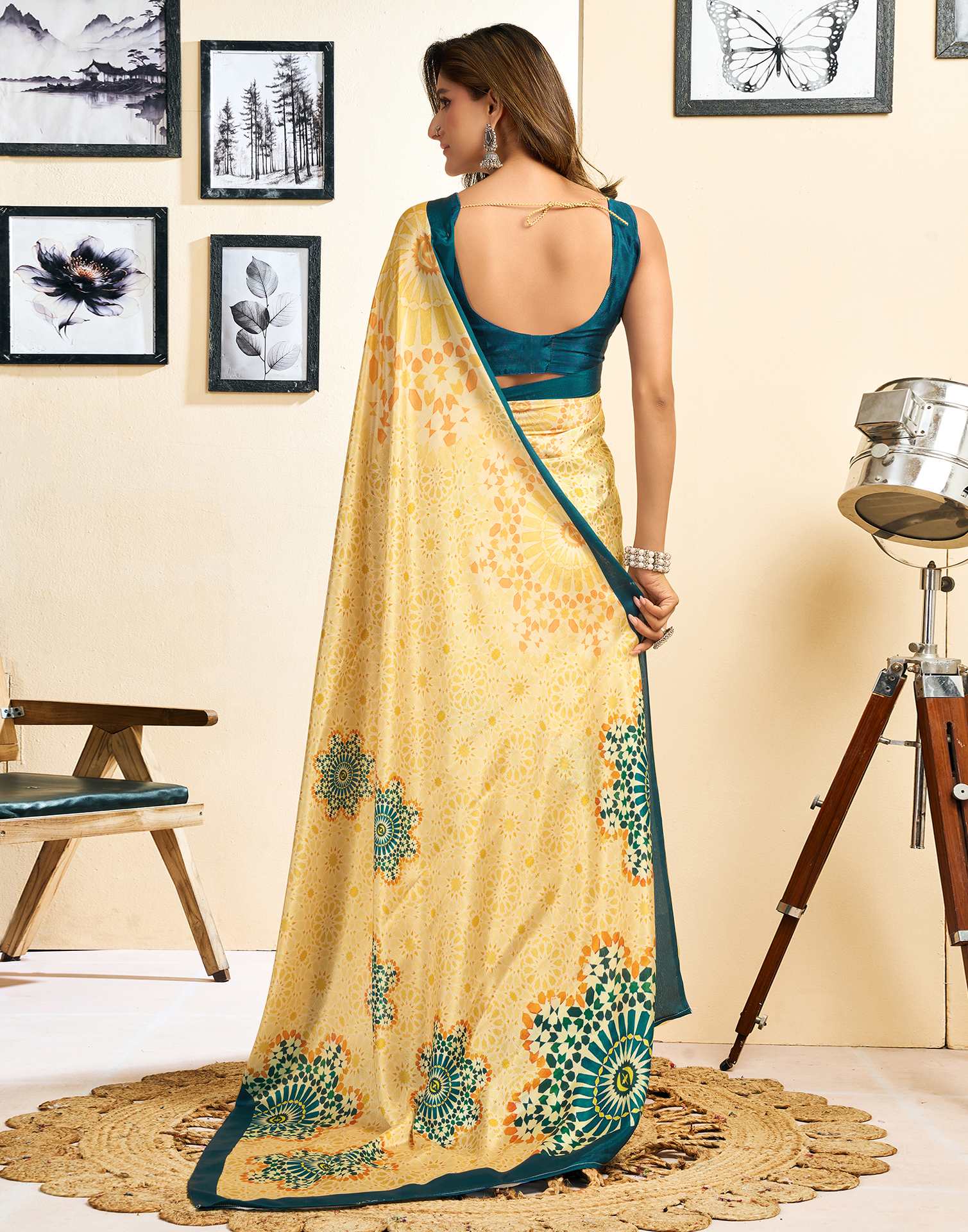 Ready To Wear Light Yellow Chinnon Printed Saree - Image 7