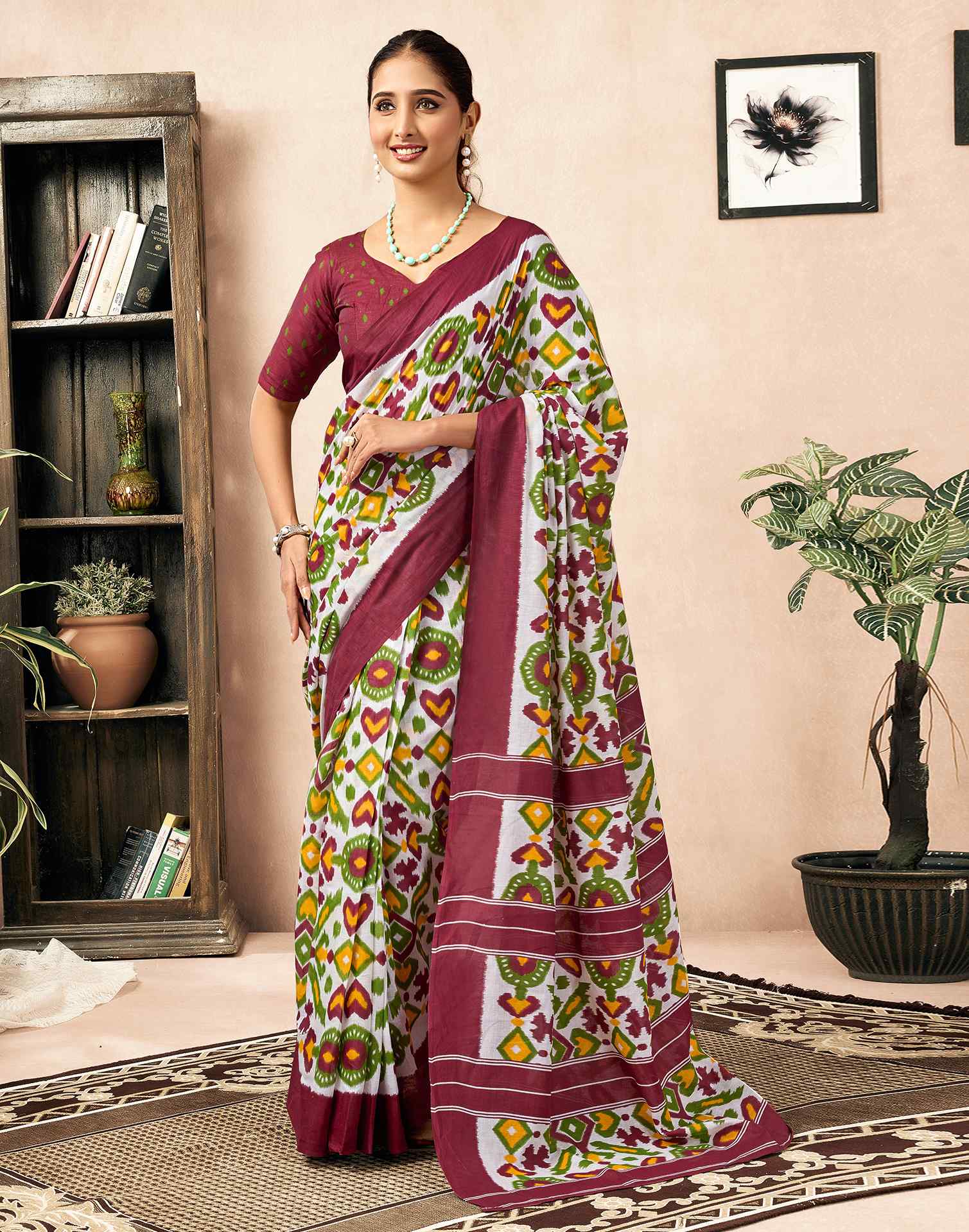 Ready To Wear Off White Cotton Ikkat Printed Saree - Image 2