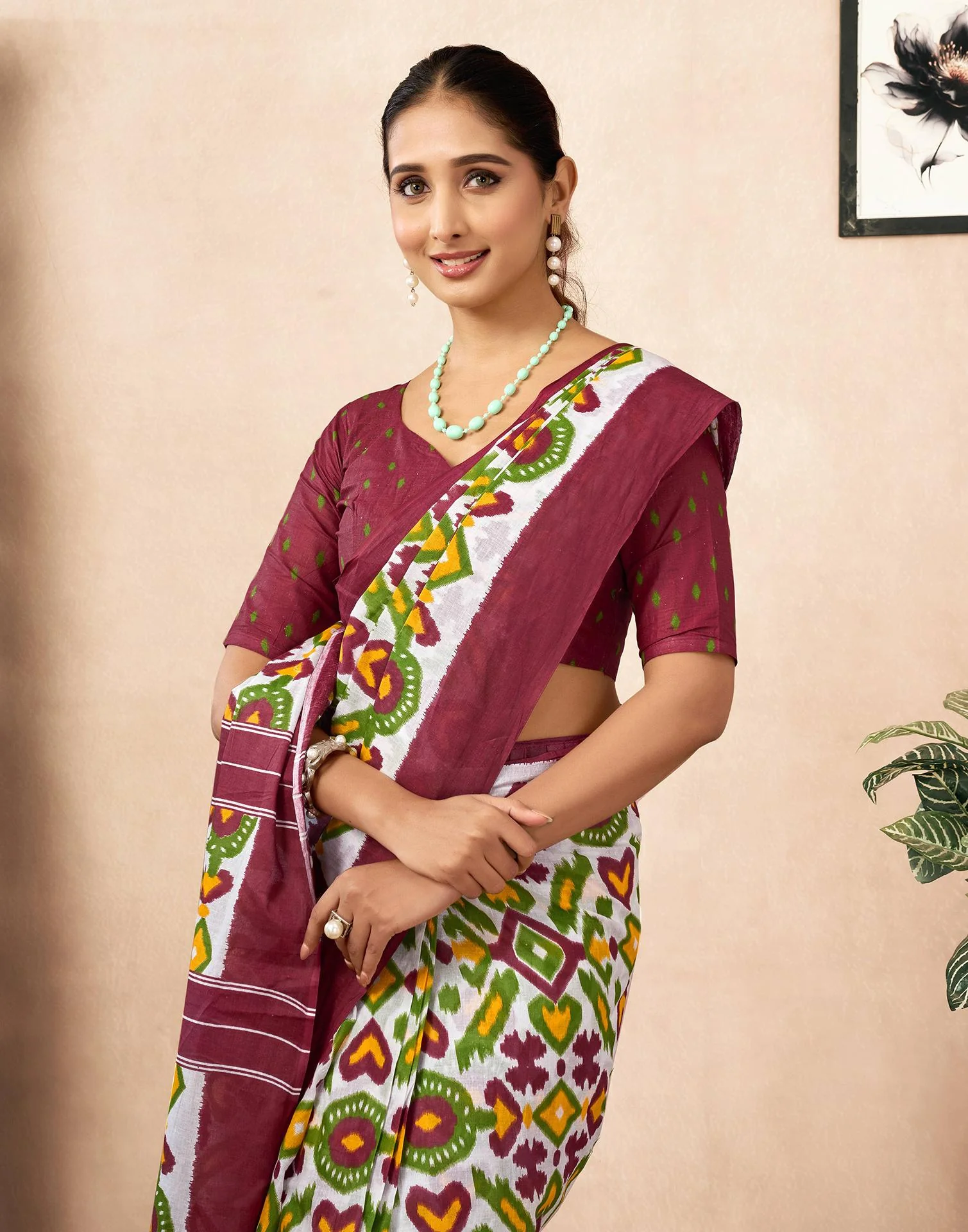 Ready To Wear Off White Cotton Ikkat Printed Saree - Image 3