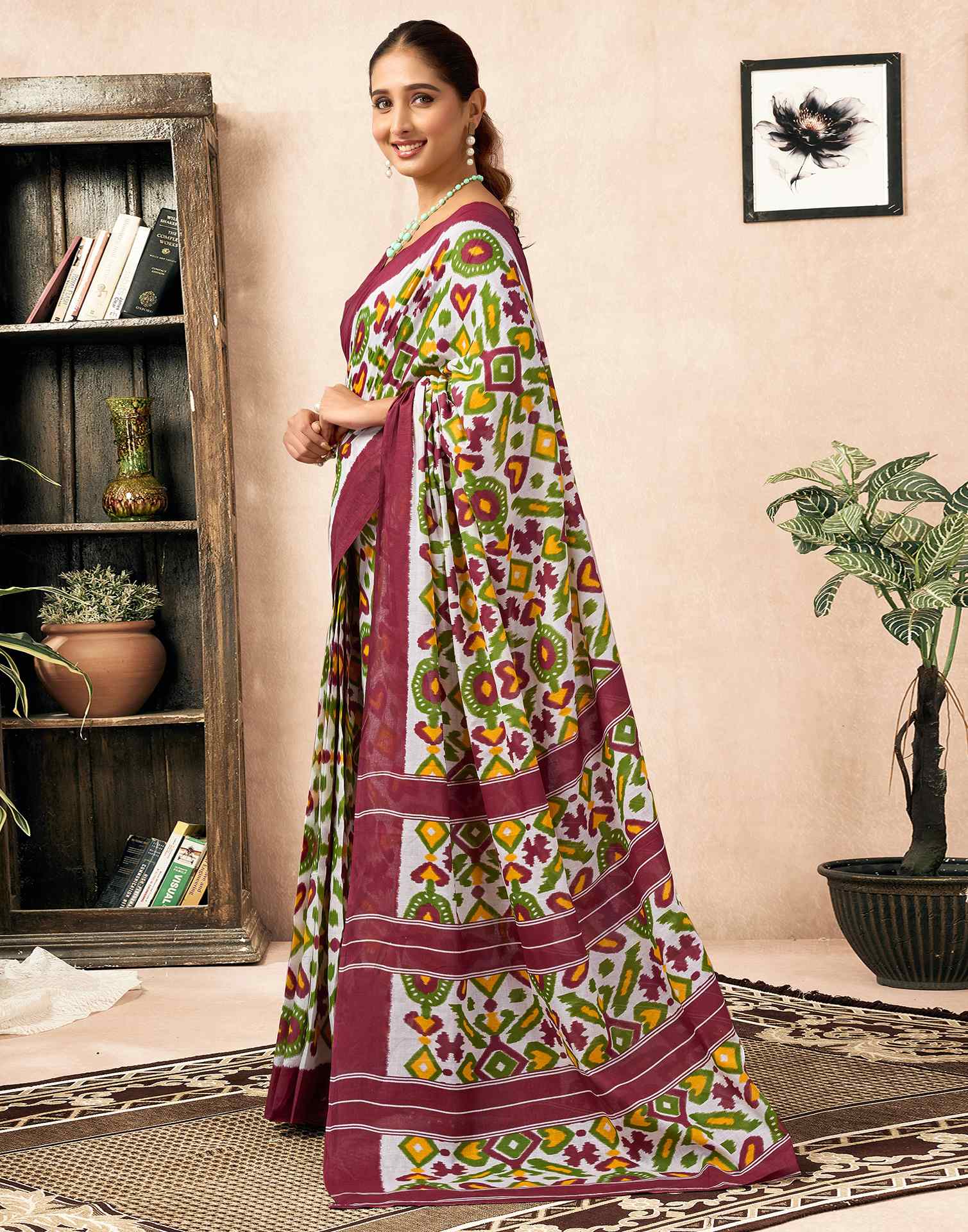 Ready To Wear Off White Cotton Ikkat Printed Saree - Image 4