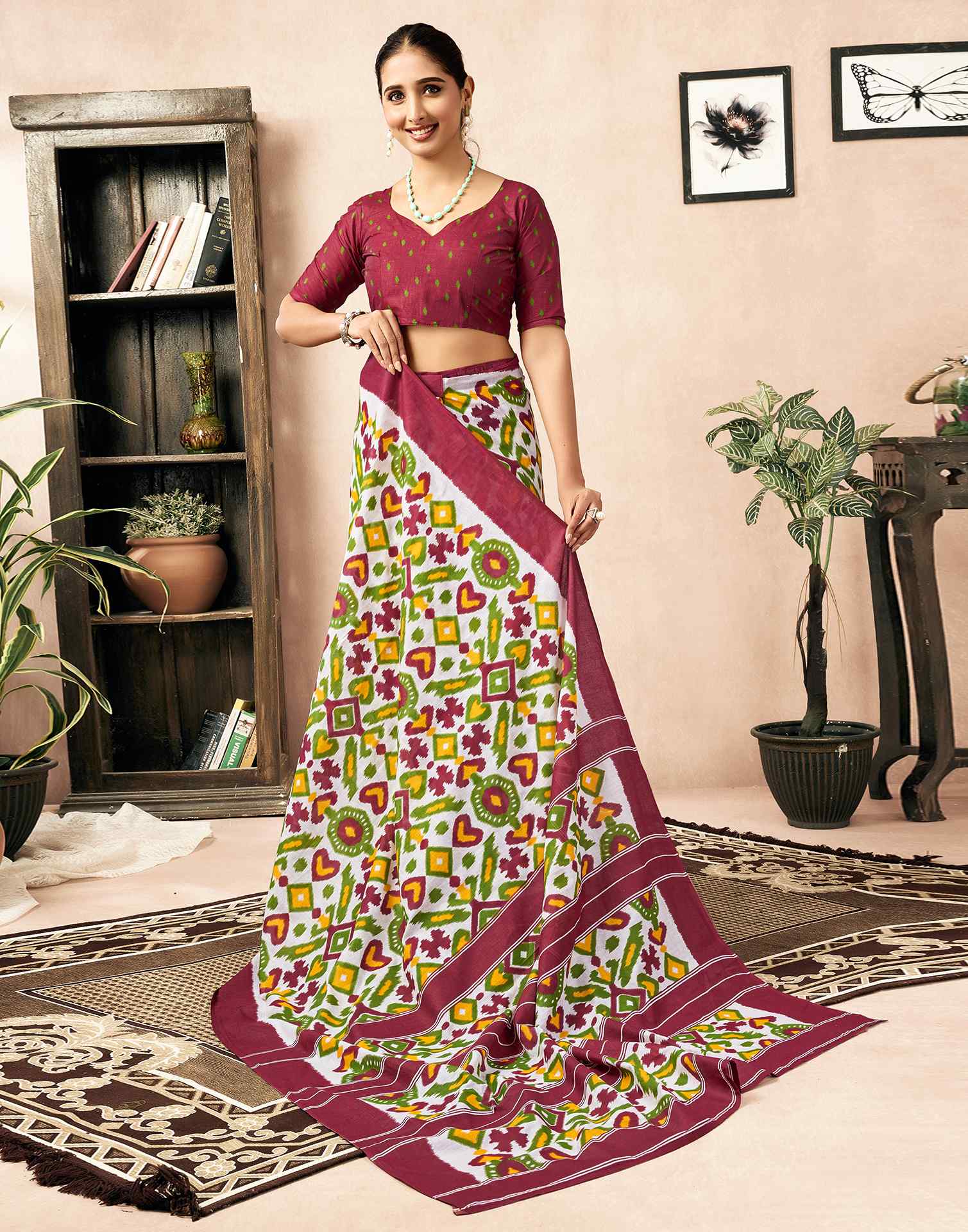Ready To Wear Off White Cotton Ikkat Printed Saree - Image 7