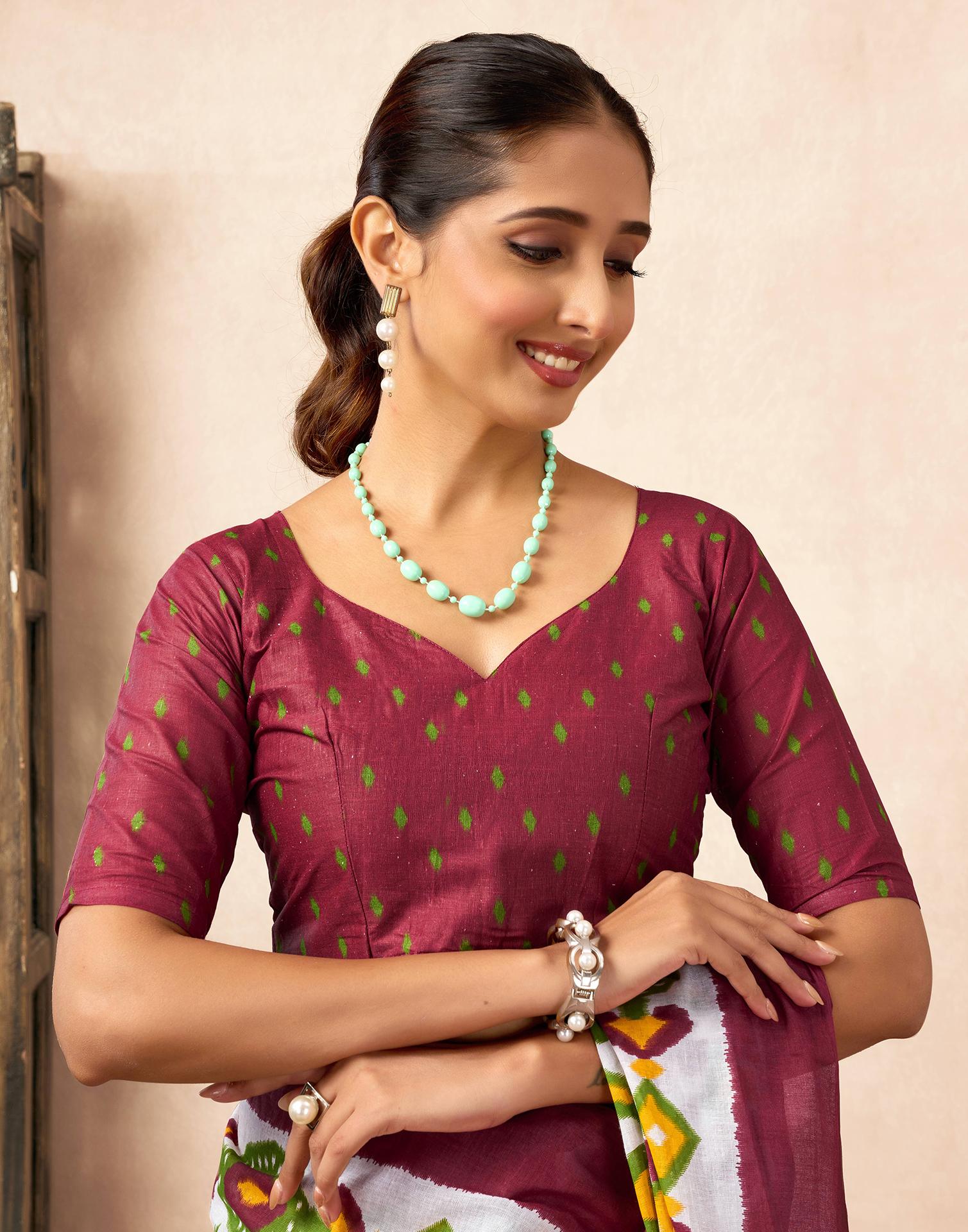 Ready To Wear Off White Cotton Ikkat Printed Saree - Image 9