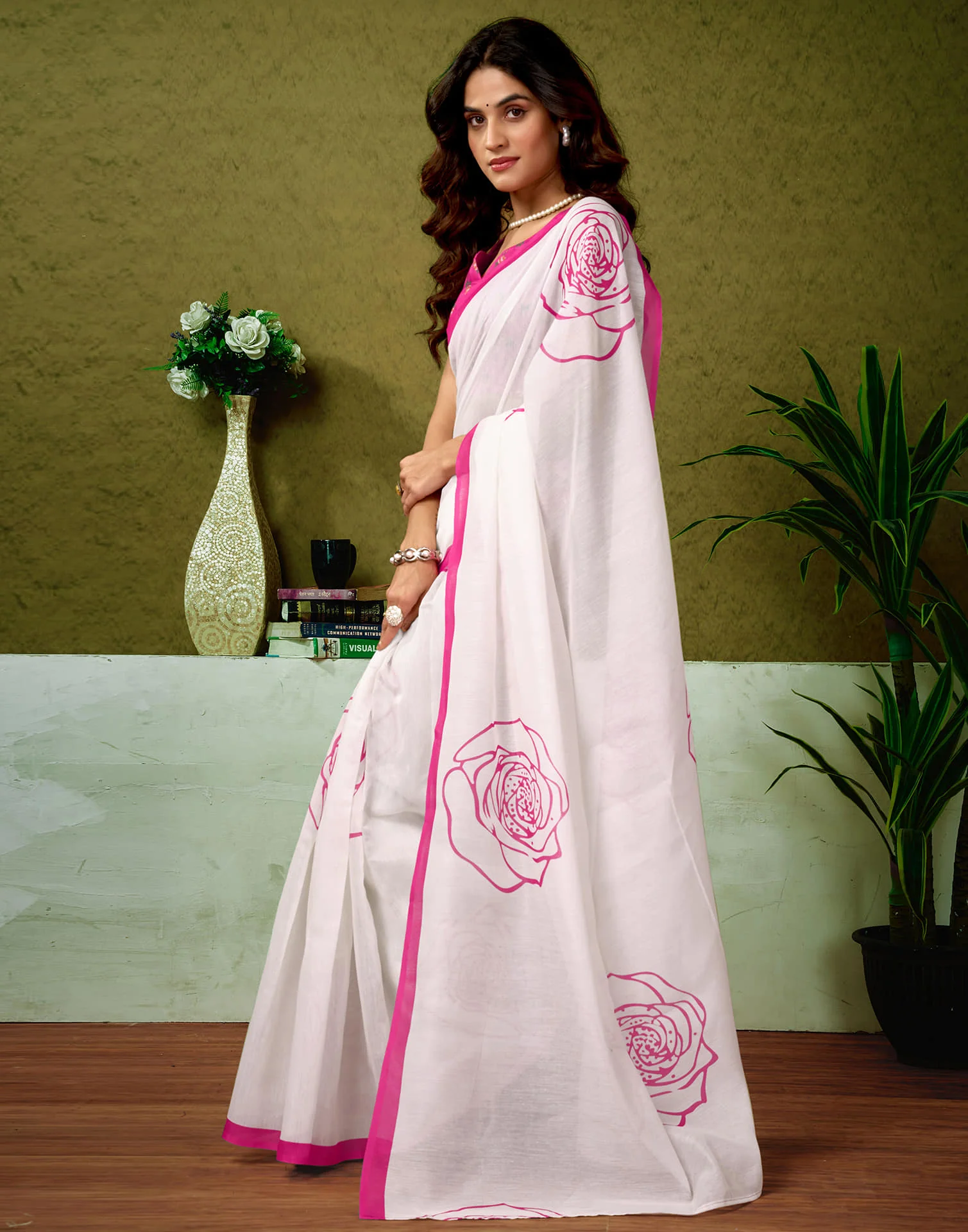 Ready To Wear Off White Cotton Printed Saree - Image 5