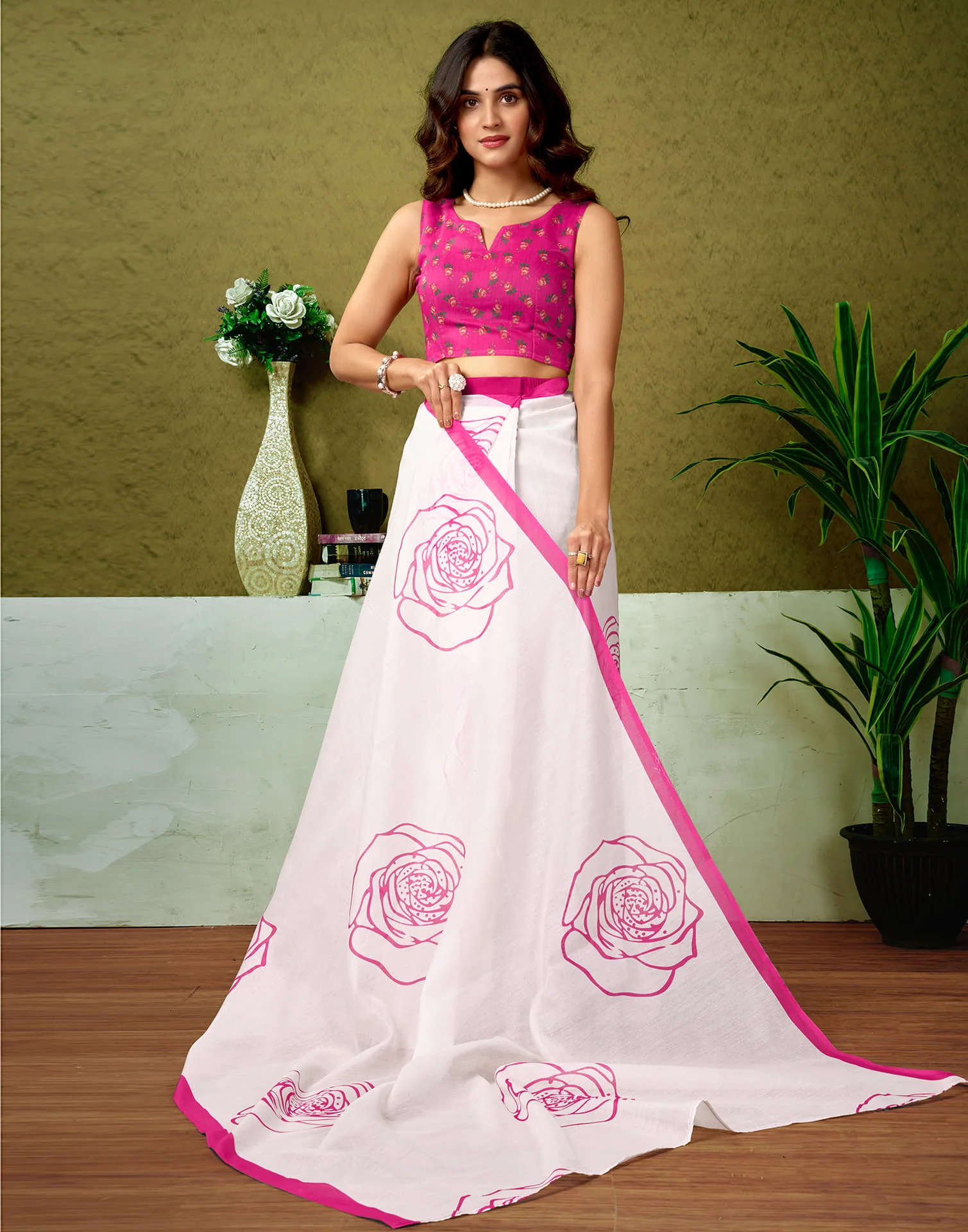 Ready To Wear Off White Cotton Printed Saree - Image 7