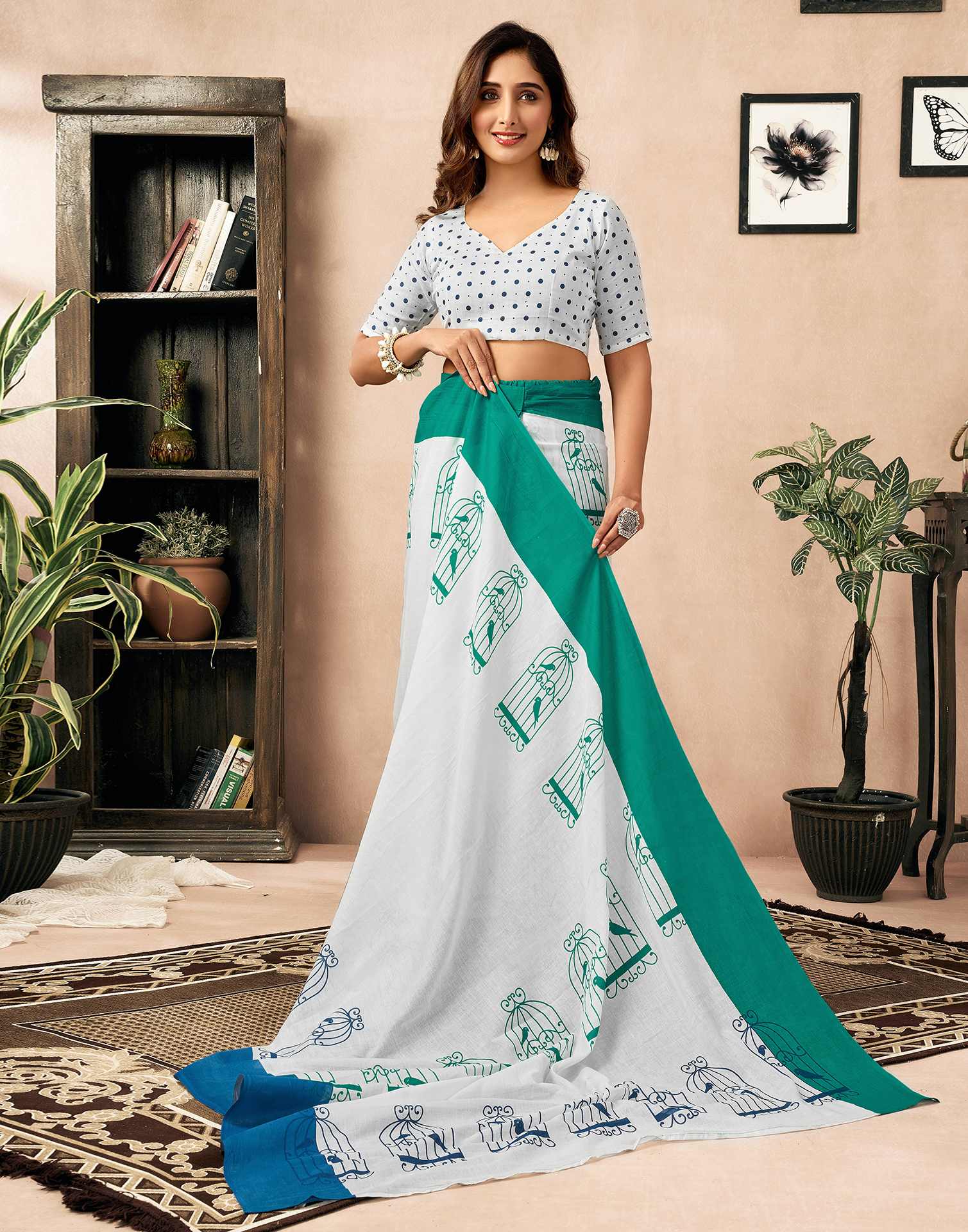 Ready To Wear Off White Cotton Printed Saree - Image 7
