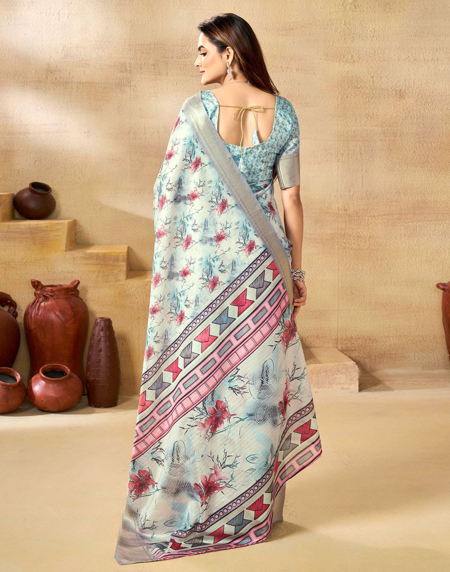 Ready To Wear Off White Dola Silk Floral Printed  Saree - Image 6