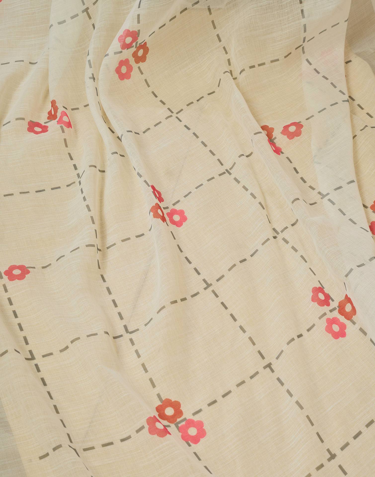 Ready to Wear Off White Linen Floral Printed Saree - Image 11