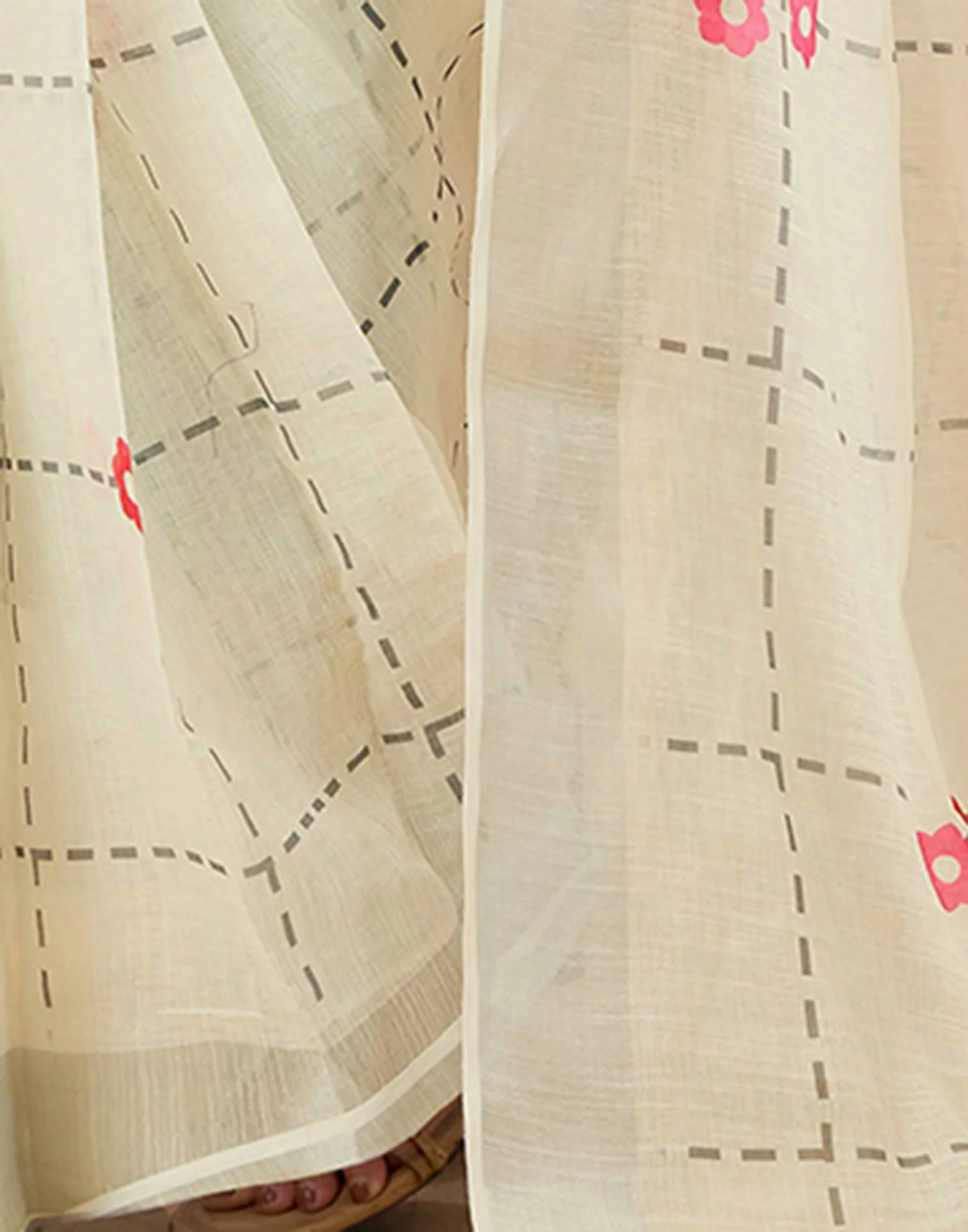Ready to Wear Off White Linen Floral Printed Saree - Image 12
