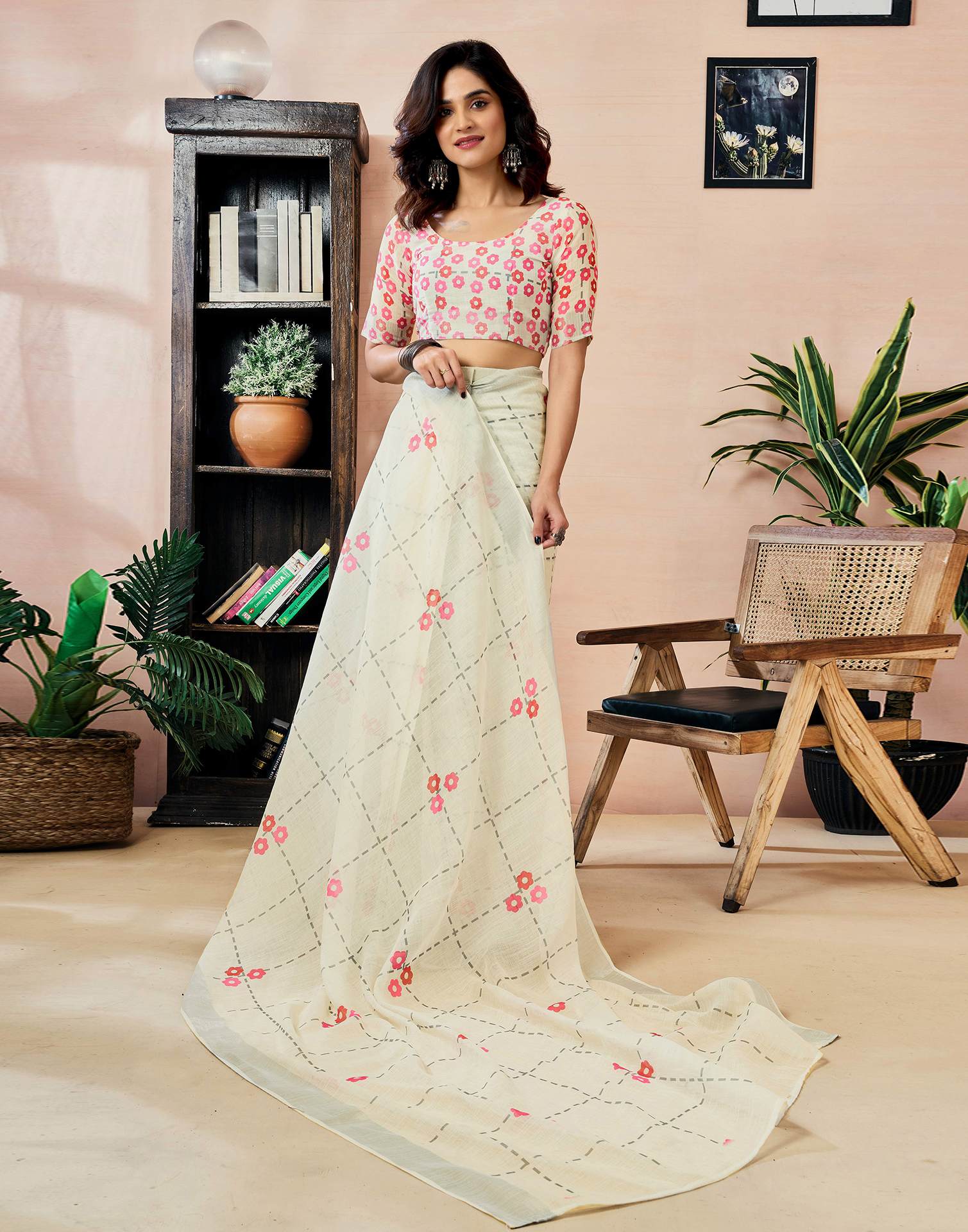Ready to Wear Off White Linen Floral Printed Saree - Image 8