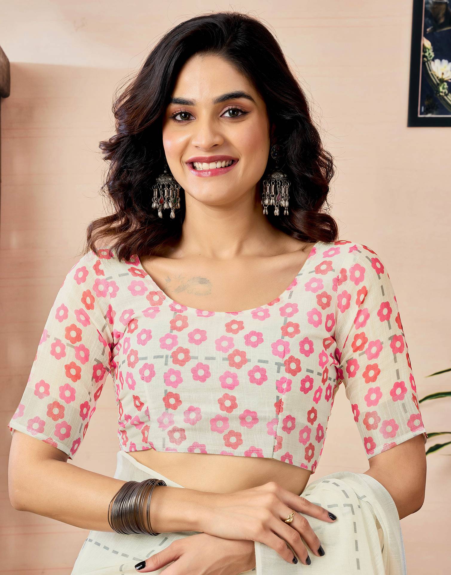 Ready to Wear Off White Linen Floral Printed Saree - Image 9