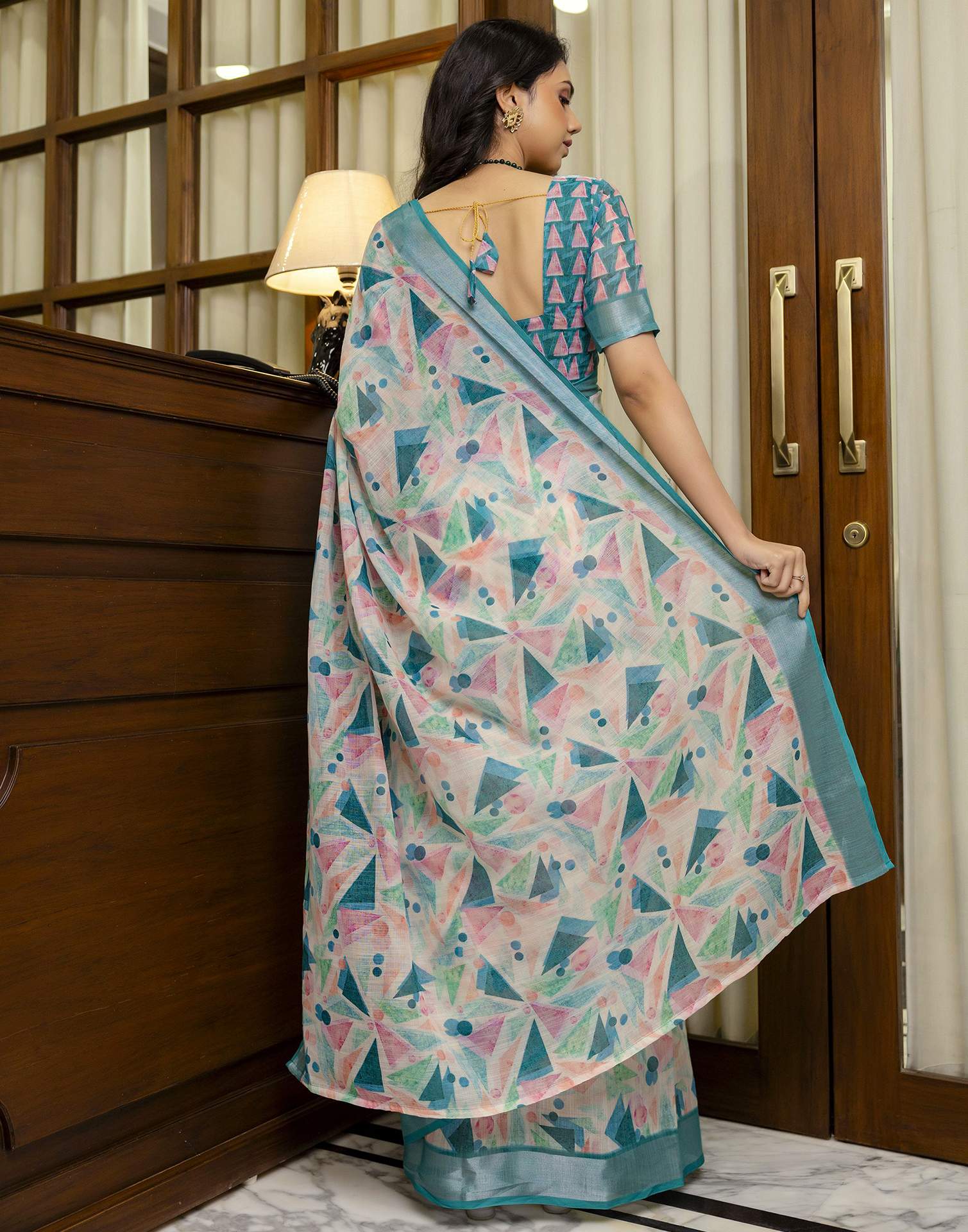 Ready To Wear Off White Linen Printed Saree - Image 8