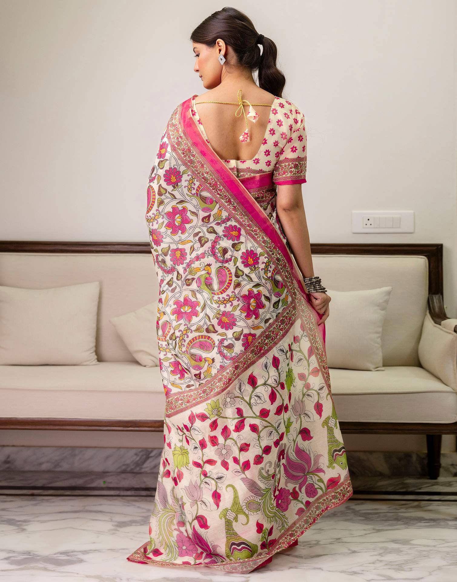 Ready To Wear Off White Linen Printed Saree - Image 6