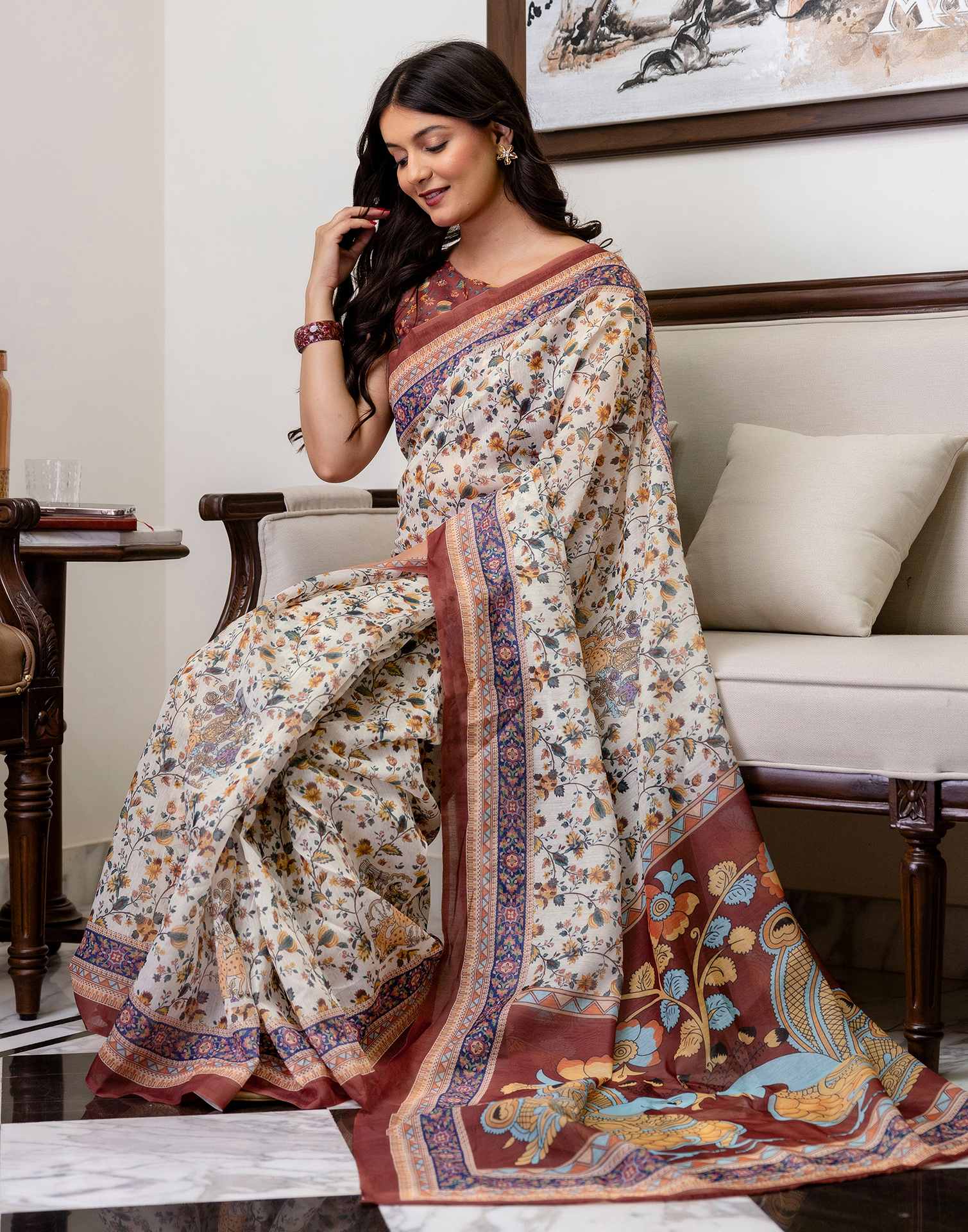 Ready To Wear Off White Linen Printed Saree - Image 10