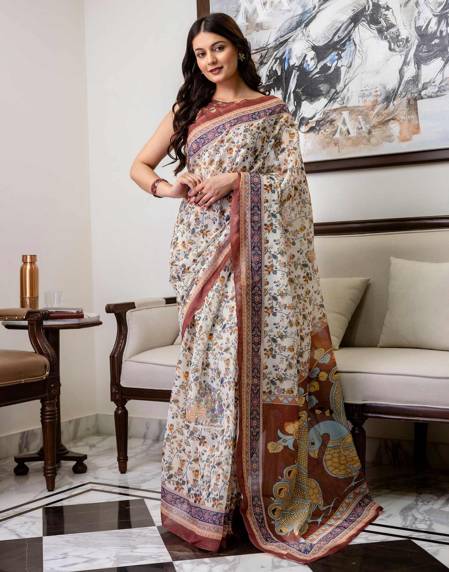 Ready To Wear Off White Linen Printed Saree - Image 3