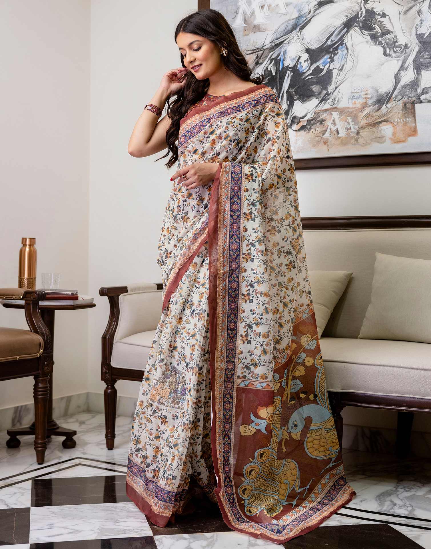 Ready To Wear Off White Linen Printed Saree - Image 5