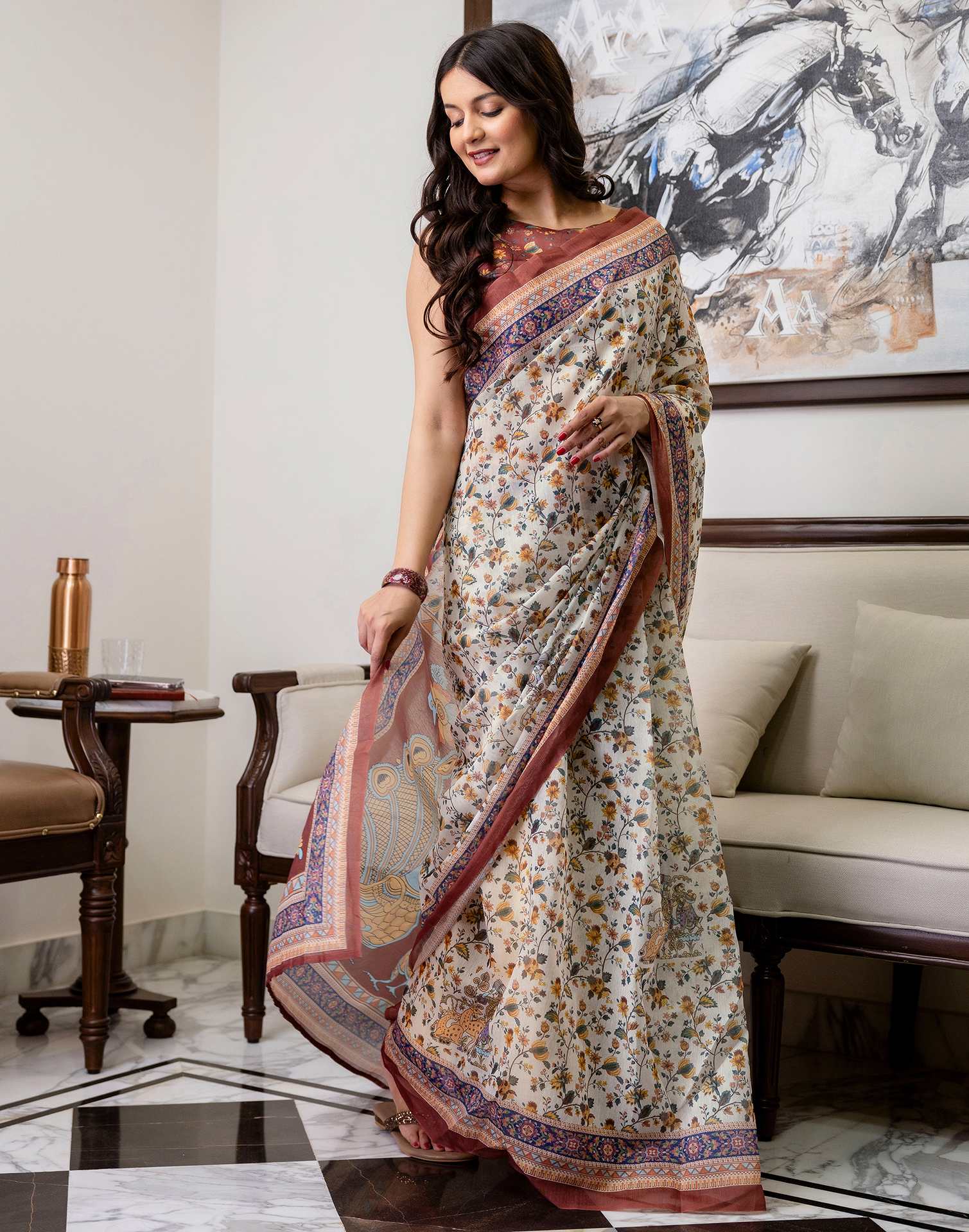 Ready To Wear Off White Linen Printed Saree - Image 8