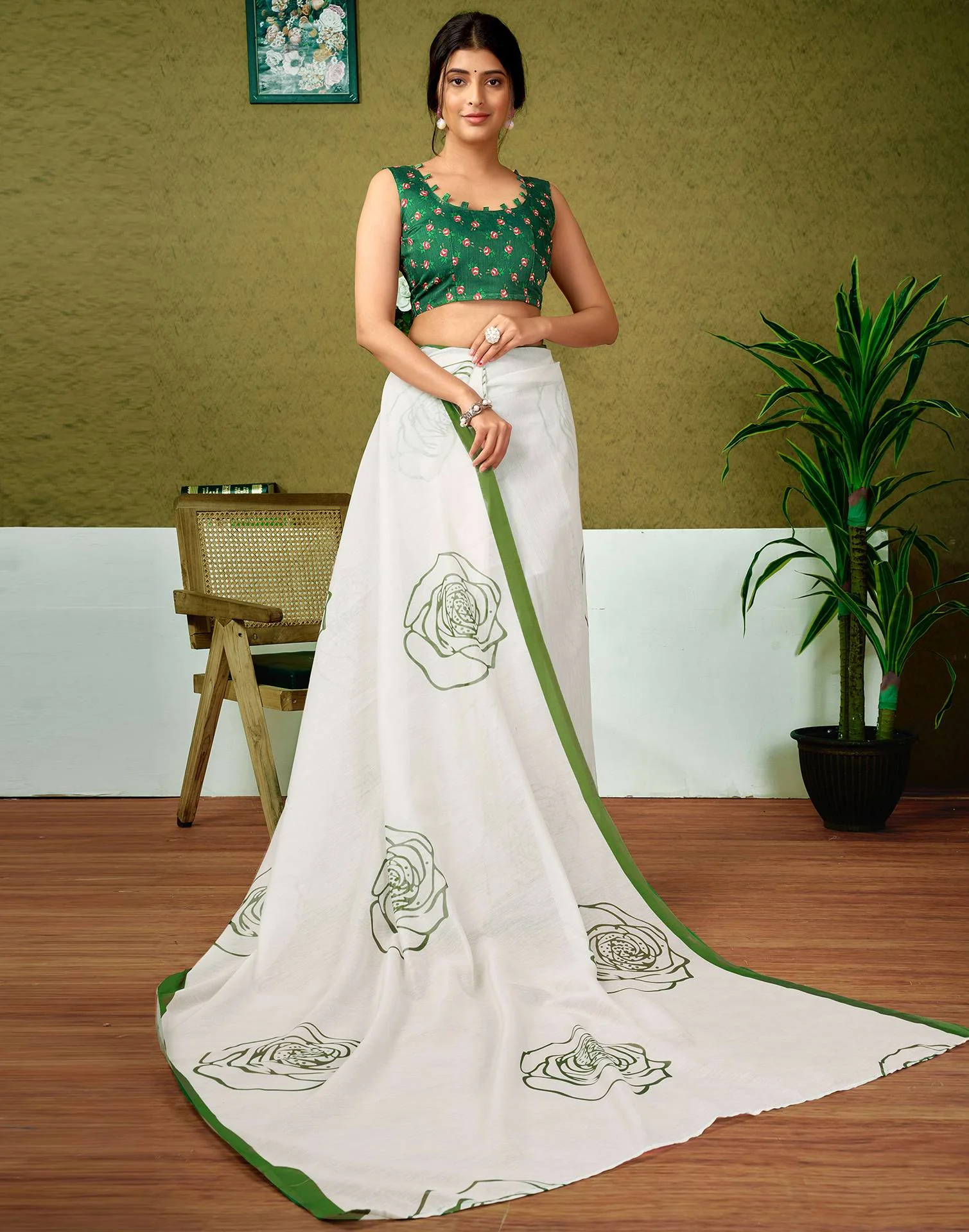 Ready To Wear Off White Cotton Printed Saree - Image 6