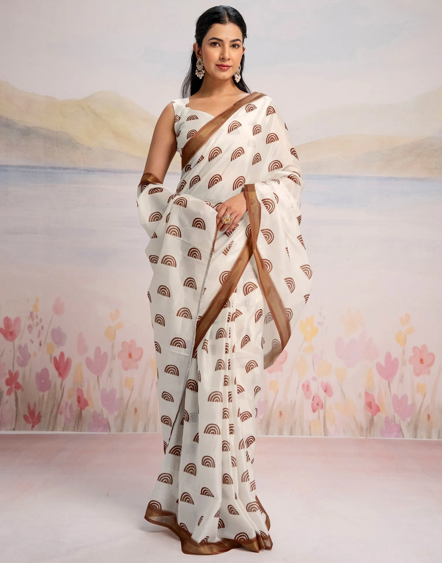 Ready To Wear Off White Silk Printed Saree - Image 6