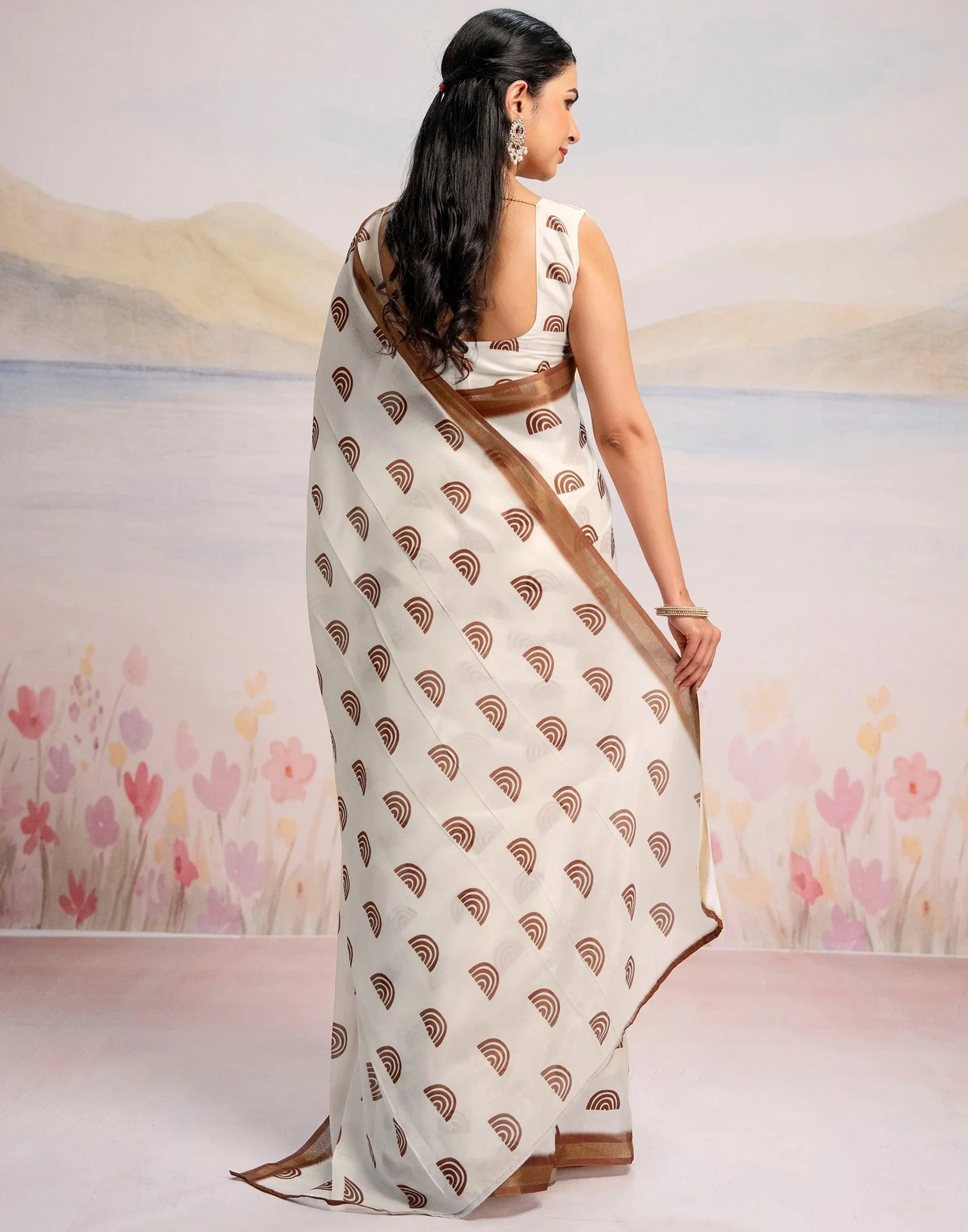 Ready To Wear Off White Silk Printed Saree - Image 7