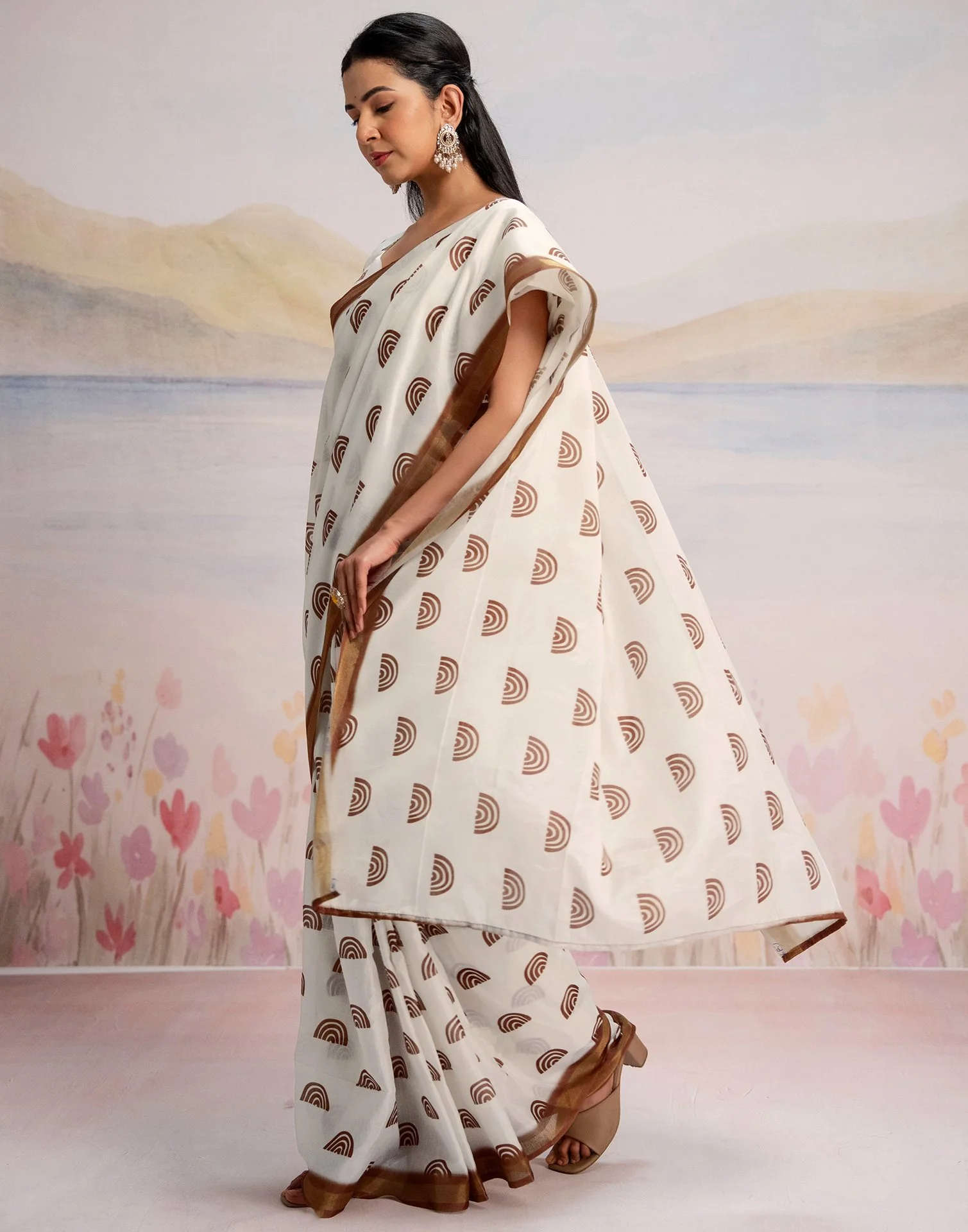 Ready To Wear Off White Silk Printed Saree - Image 9