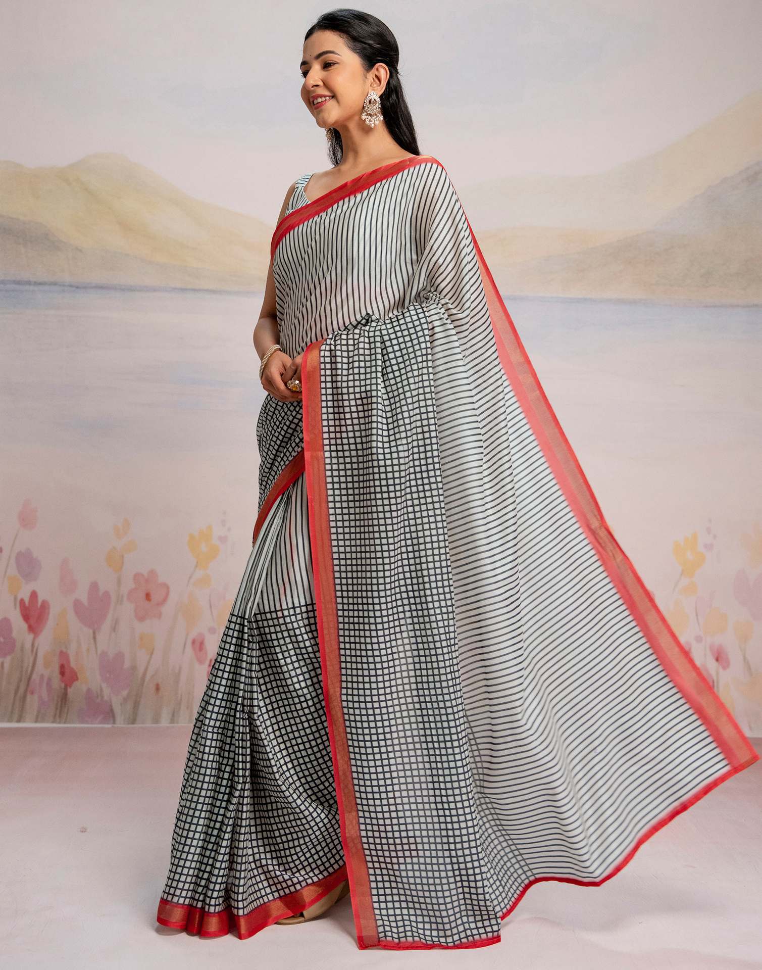 Ready To Wear Off White Silk Printed Saree - Image 5