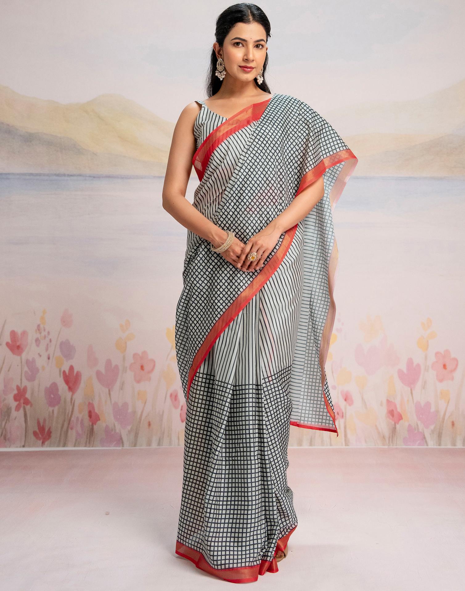 Ready To Wear Off White Silk Printed Saree - Image 8
