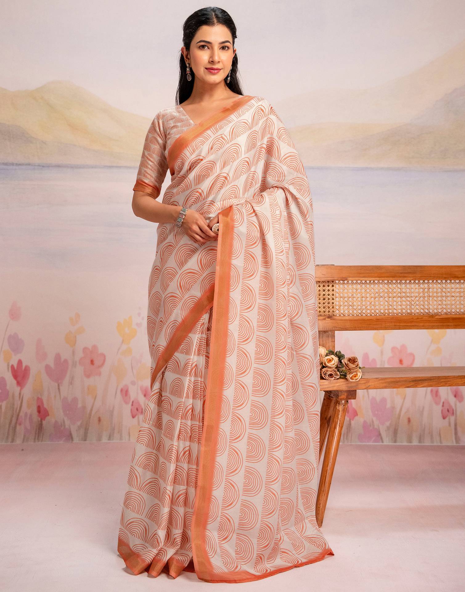 Ready To Wear Off White Silk Printed Saree - Image 5