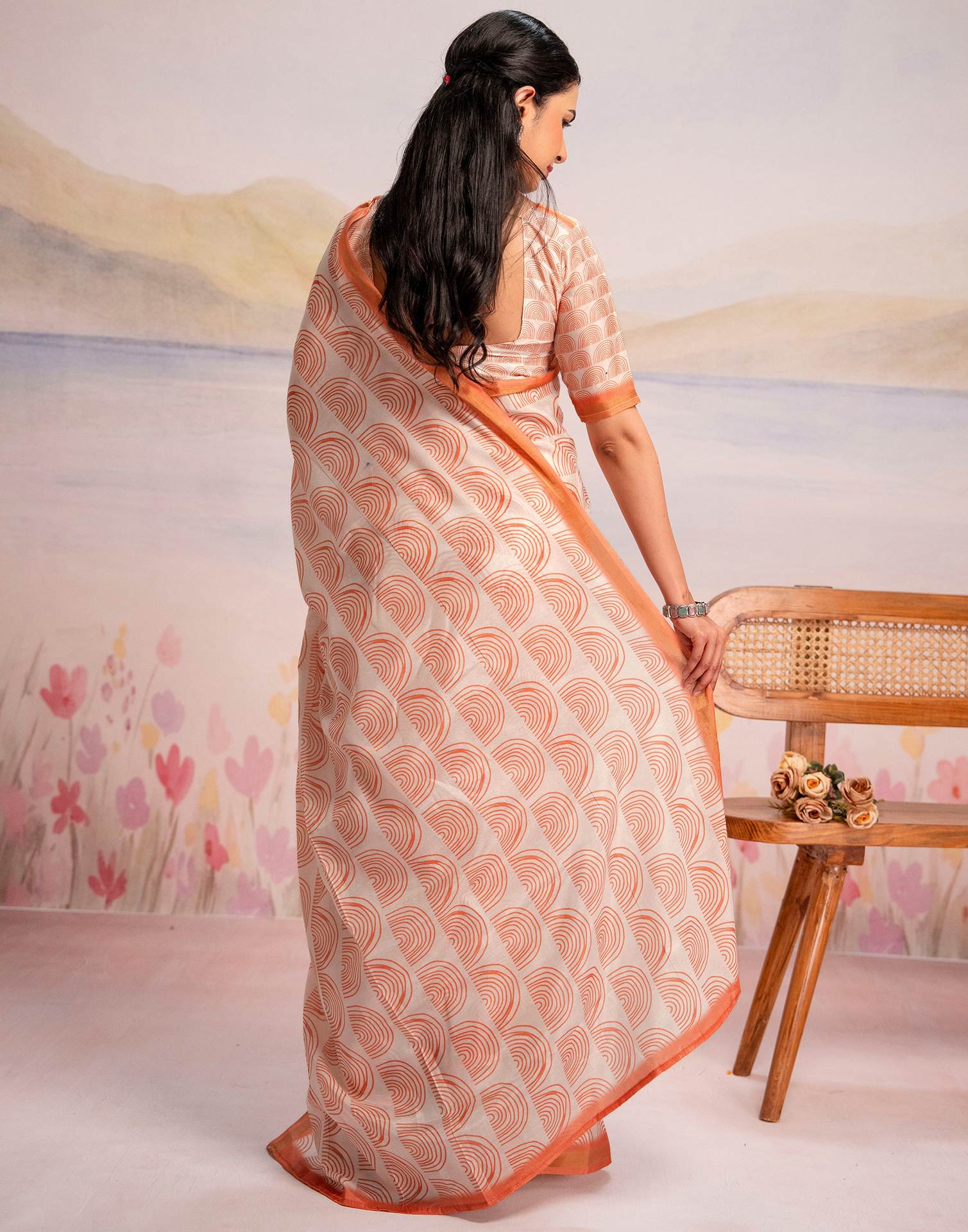 Ready To Wear Off White Silk Printed Saree - Image 8