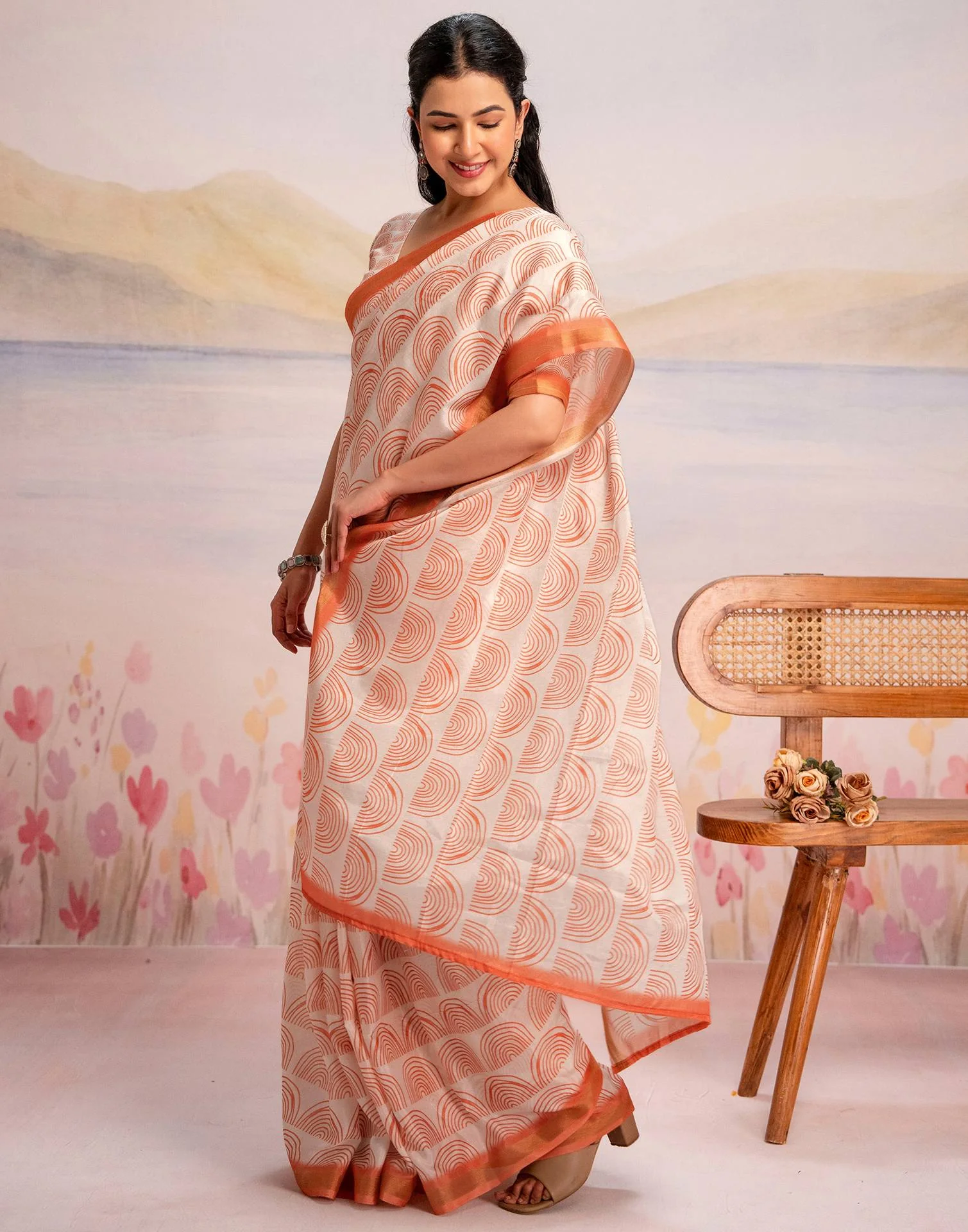 Ready To Wear Off White Silk Printed Saree - Image 9