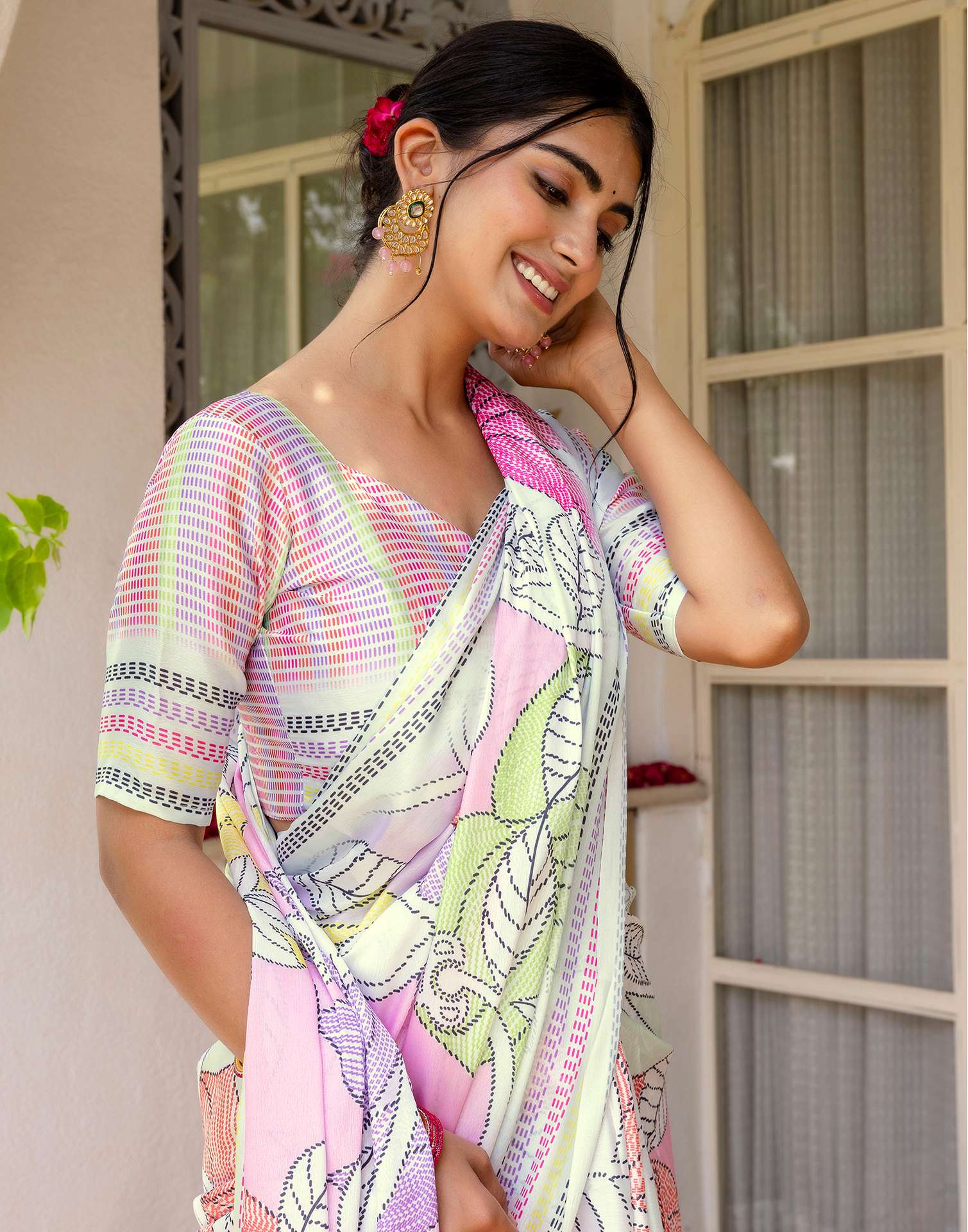 Ready To Wear Off White Silk Printed Saree - Image 4