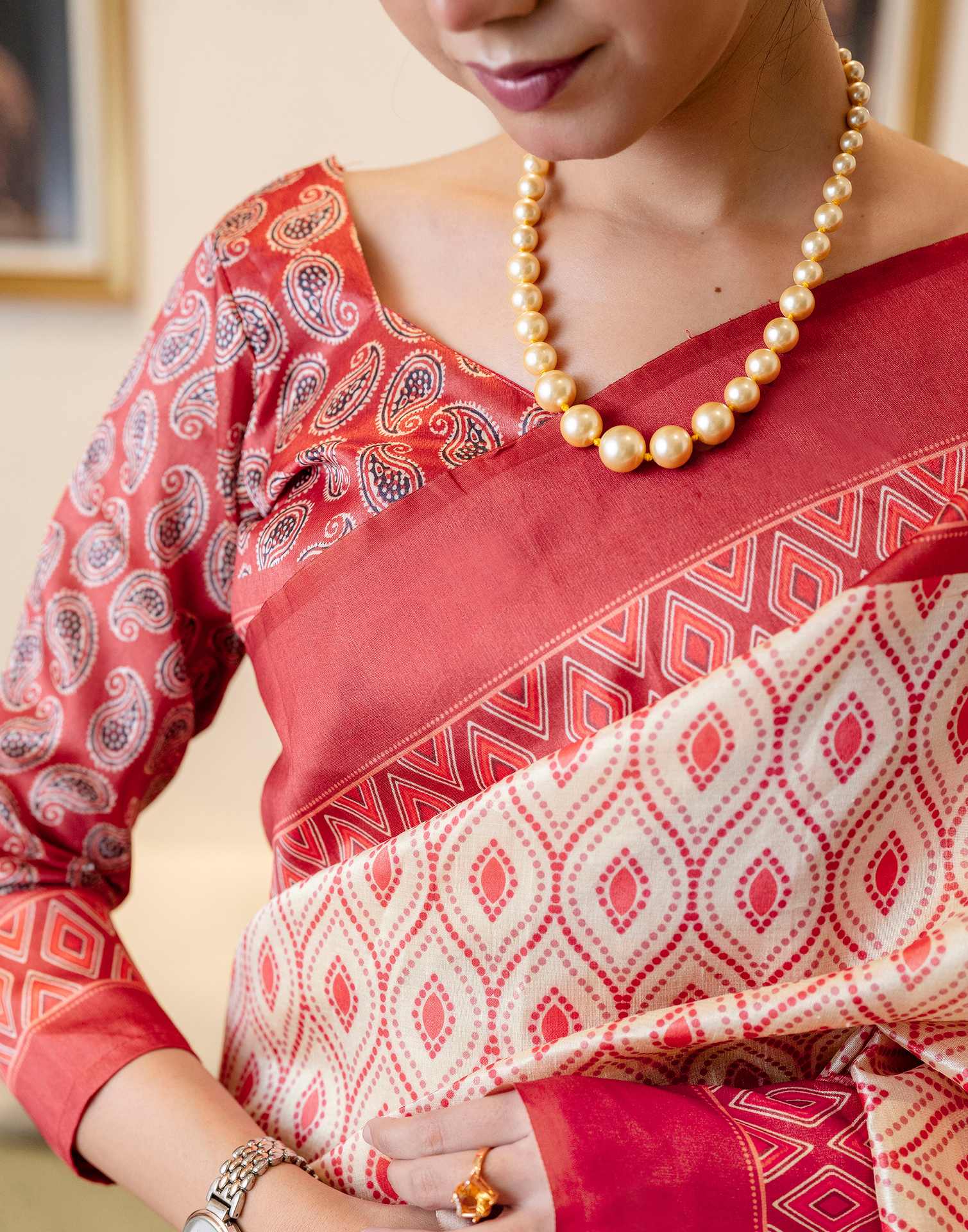 Ready To Wear Off White Silk Printed Saree - Image 10