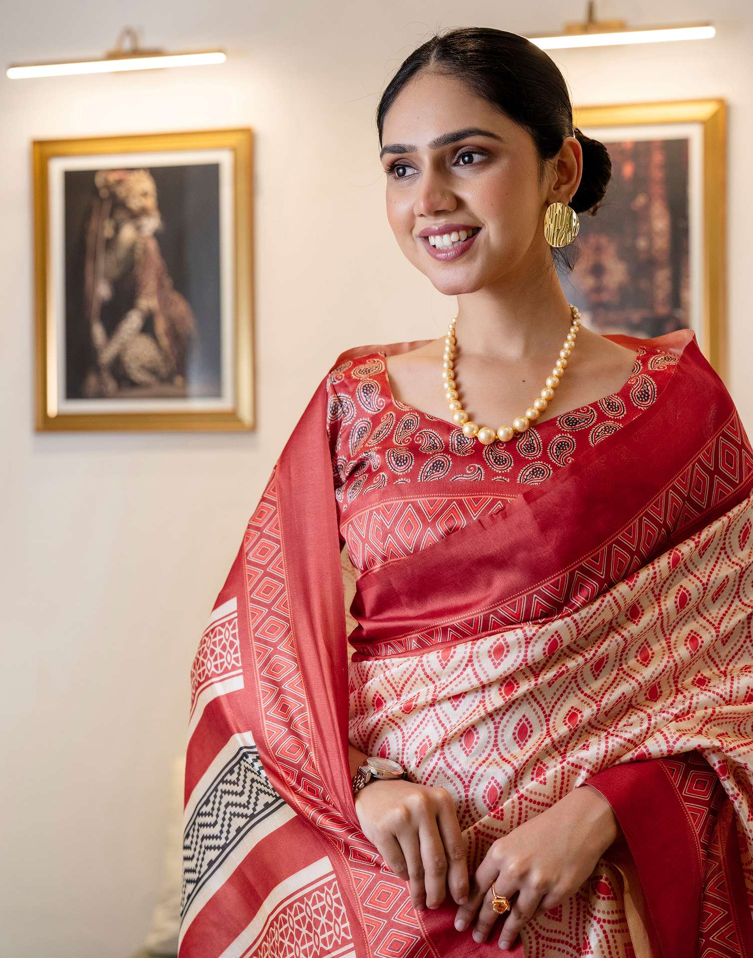 Ready To Wear Off White Silk Printed Saree - Image 9