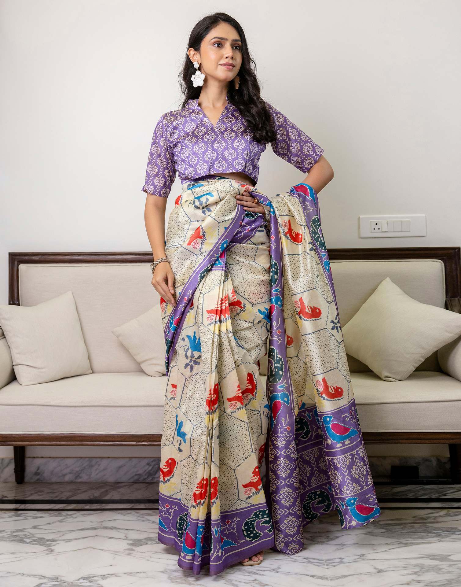 Ready To Wear Off White Silk Printed Saree - Image 9