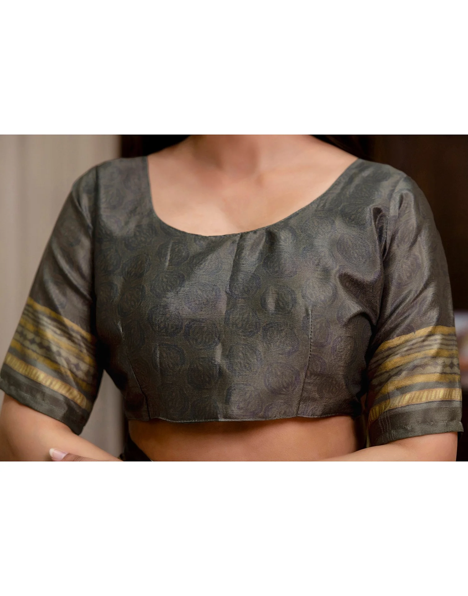 Ready To Wear Olive Green Chinnon Printed Saree - Image 12
