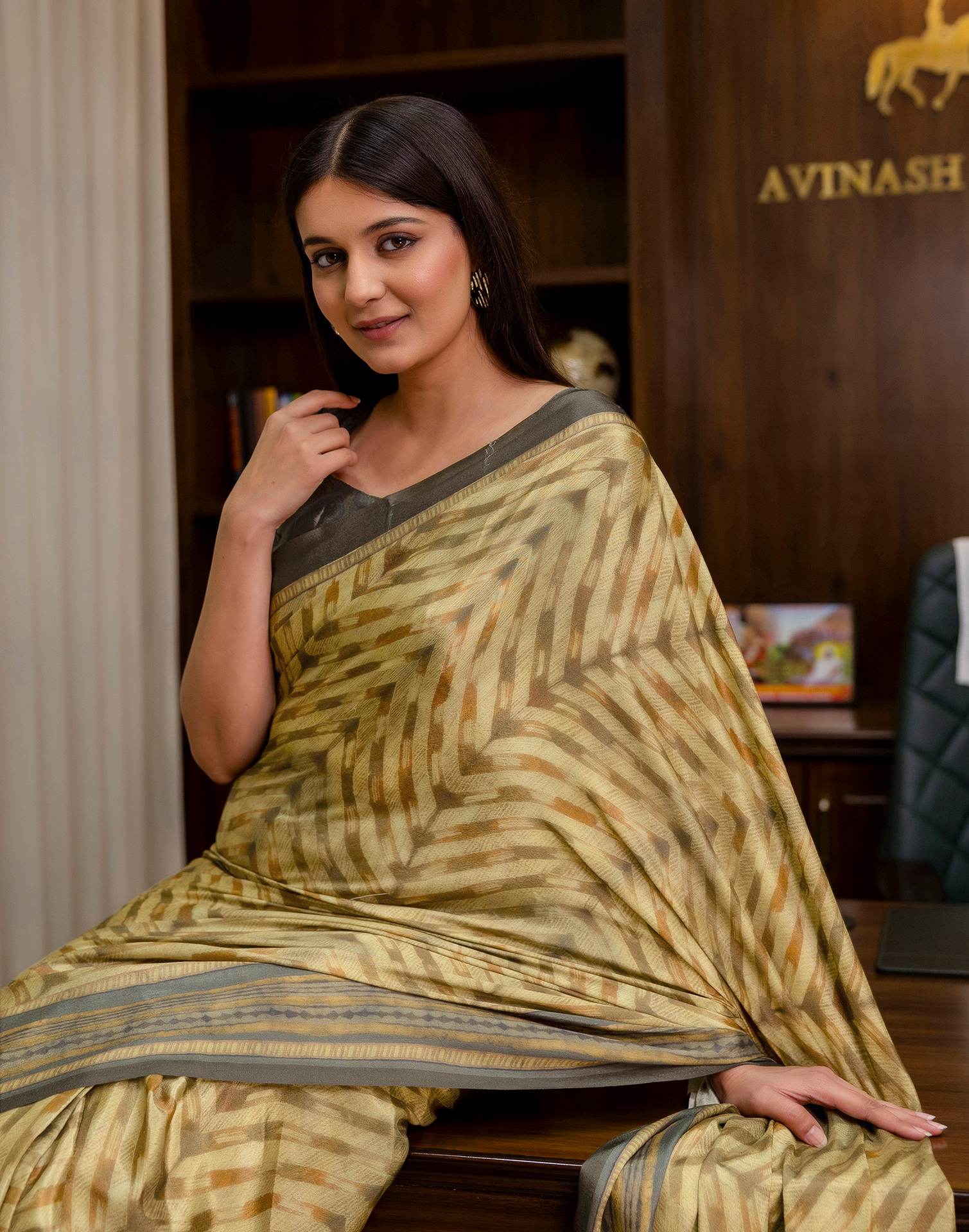 Ready To Wear Olive Green Chinnon Printed Saree - Image 4