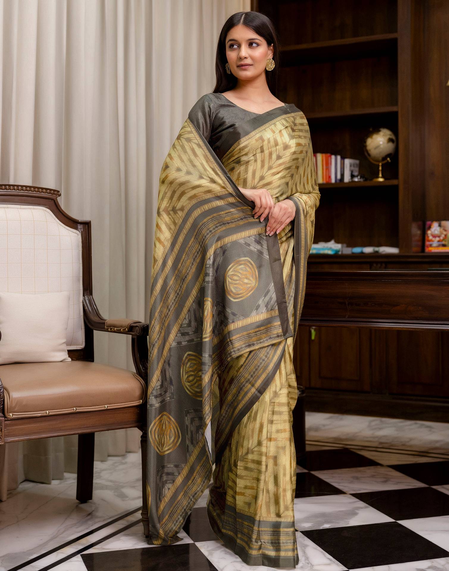 Ready To Wear Olive Green Chinnon Printed Saree - Image 6