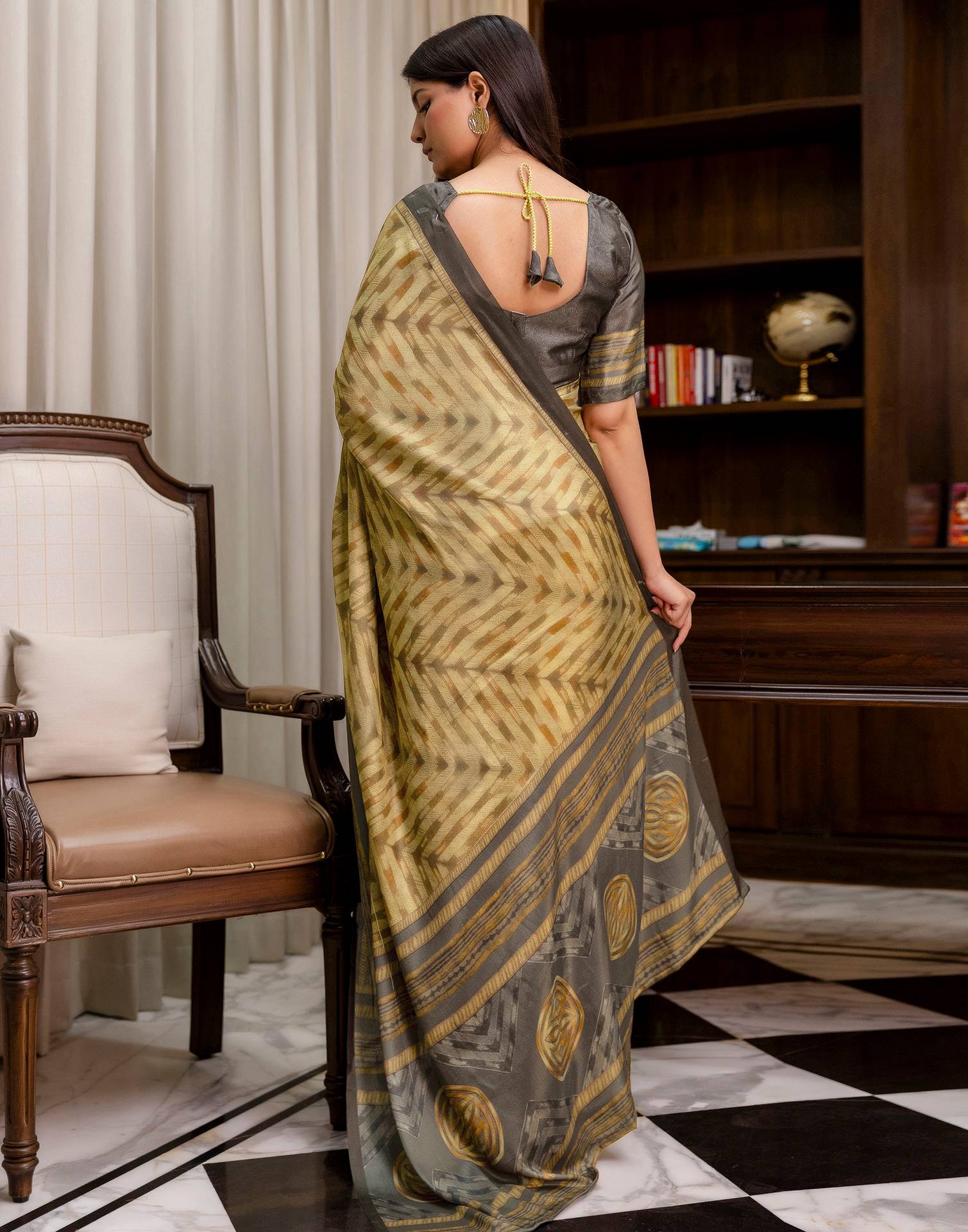 Ready To Wear Olive Green Chinnon Printed Saree - Image 7