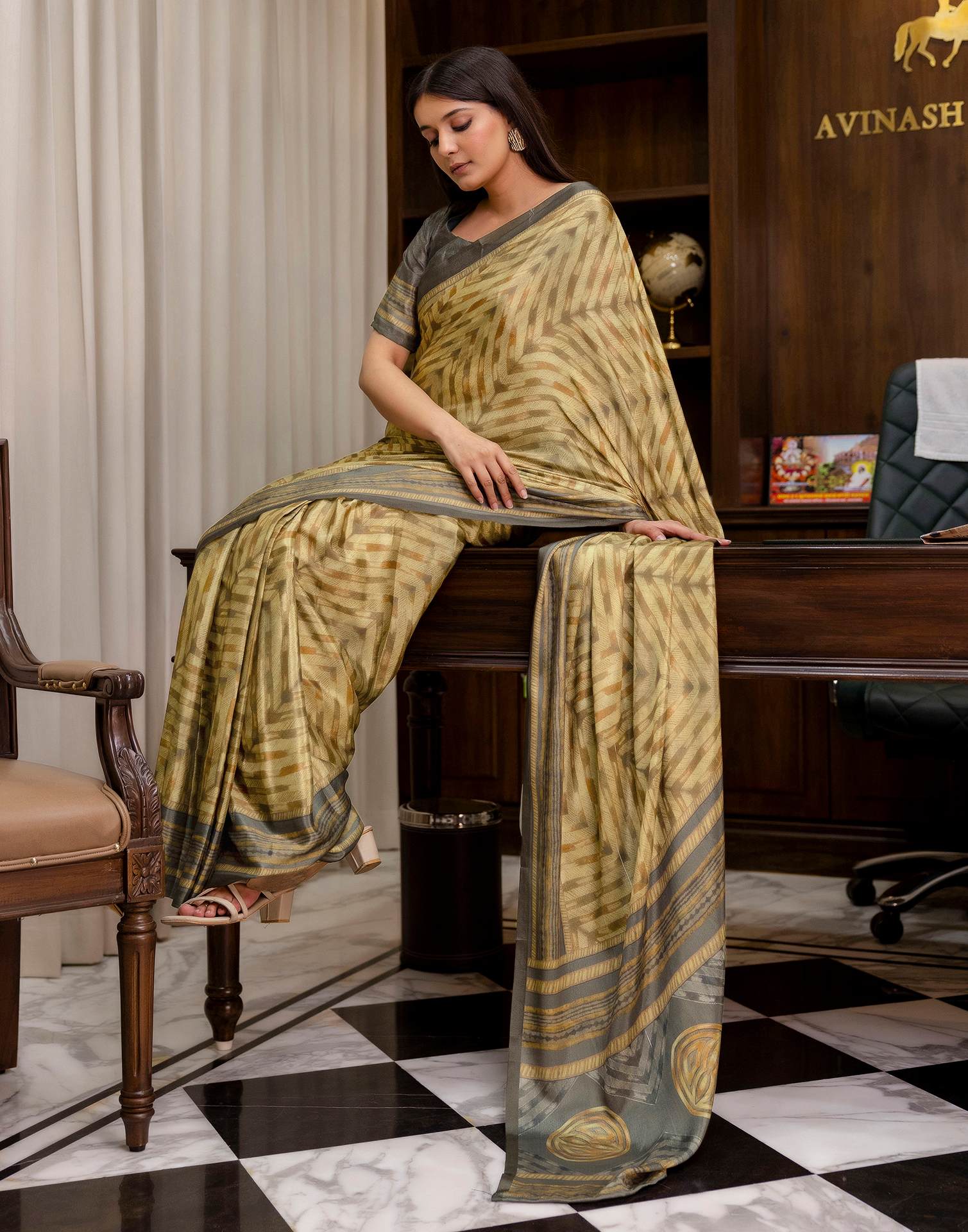 Ready To Wear Olive Green Chinnon Printed Saree - Image 9
