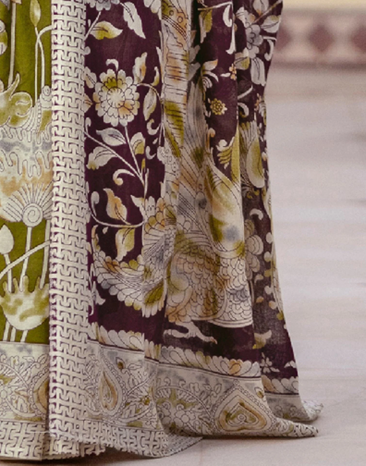 Ready To Wear Olive Green Cotton Printed Saree - Image 11